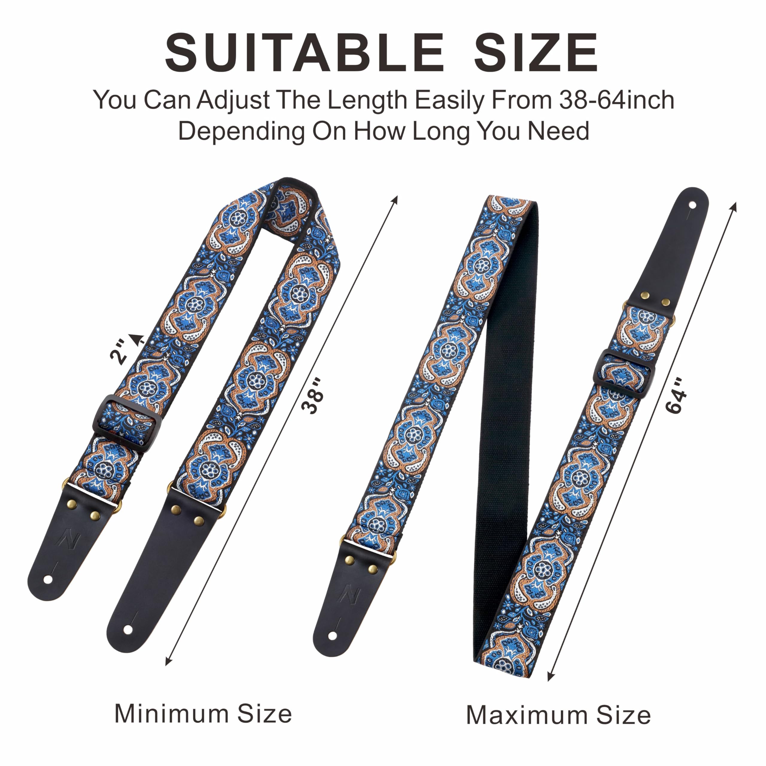 Nefelibata Guitar Strap, Vintage Embroidered Cotton Guitar Straps with Genuine Leather Ends for Bass, Electric & Acoustic Guitar