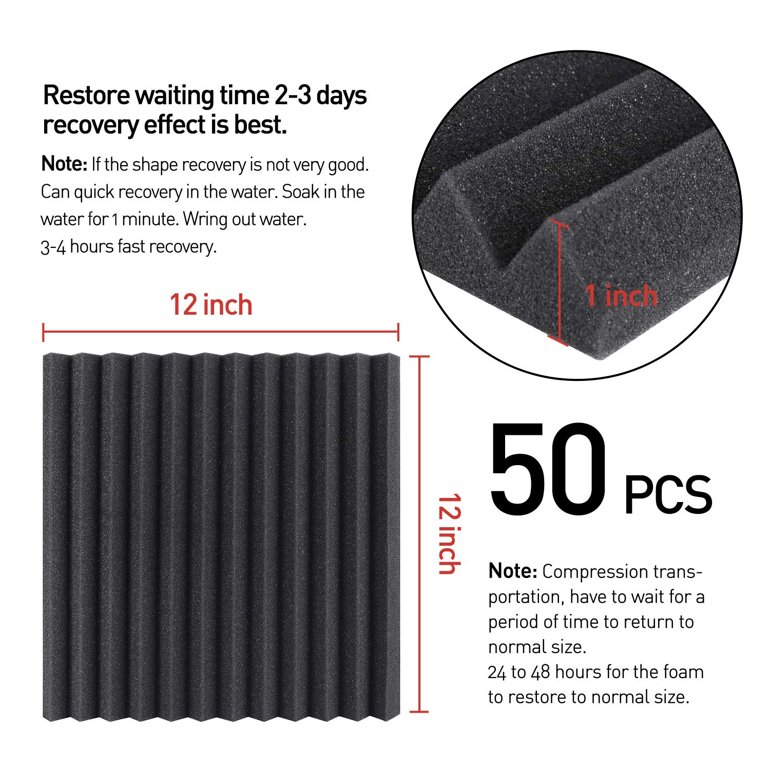 Focusound 50 Pack Acoustic Foam Panels 1'' x 12'' x 12'' Sound Proof Foam Panles High Desnsity and Fire Resistant Soundproof Wed