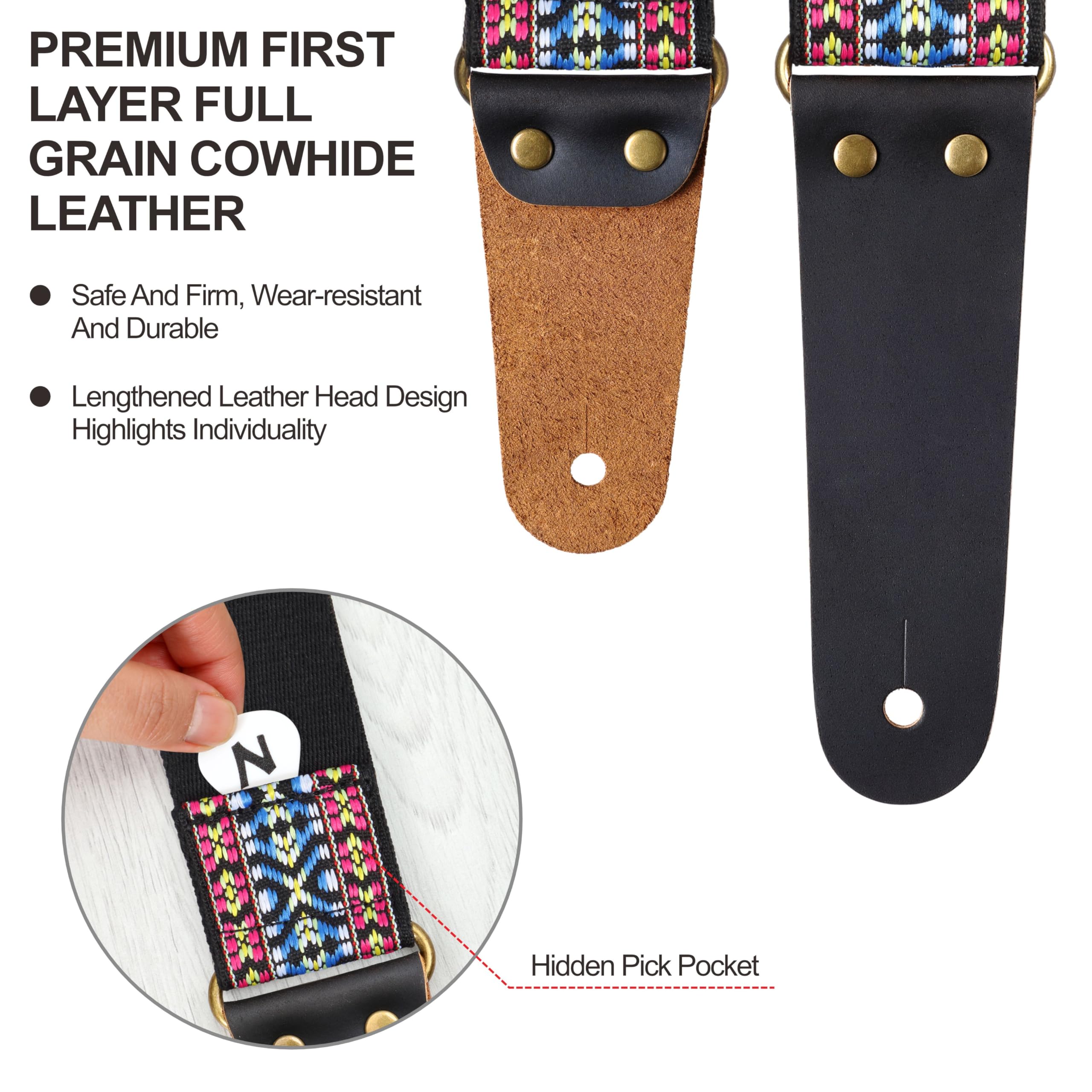 Nefelibata Guitar Strap, Vintage Cotton Guitar Straps with Head Cowhide Leather Ends for Bass, Electric & Acoustic Guitars, Free