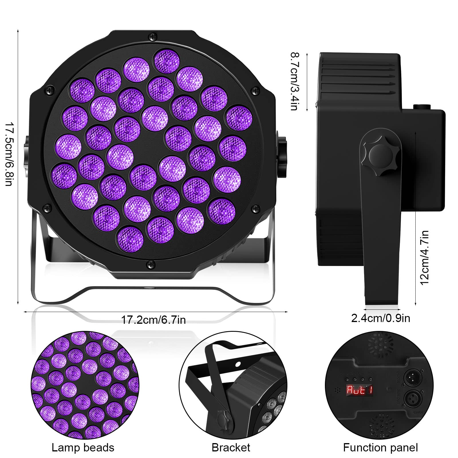 72W Rechargeable Par Lights Black Lights DJ Stage Light 36 LED with Sound Activated 7CH DMX Remote Control DJ Uplighting for Wed
