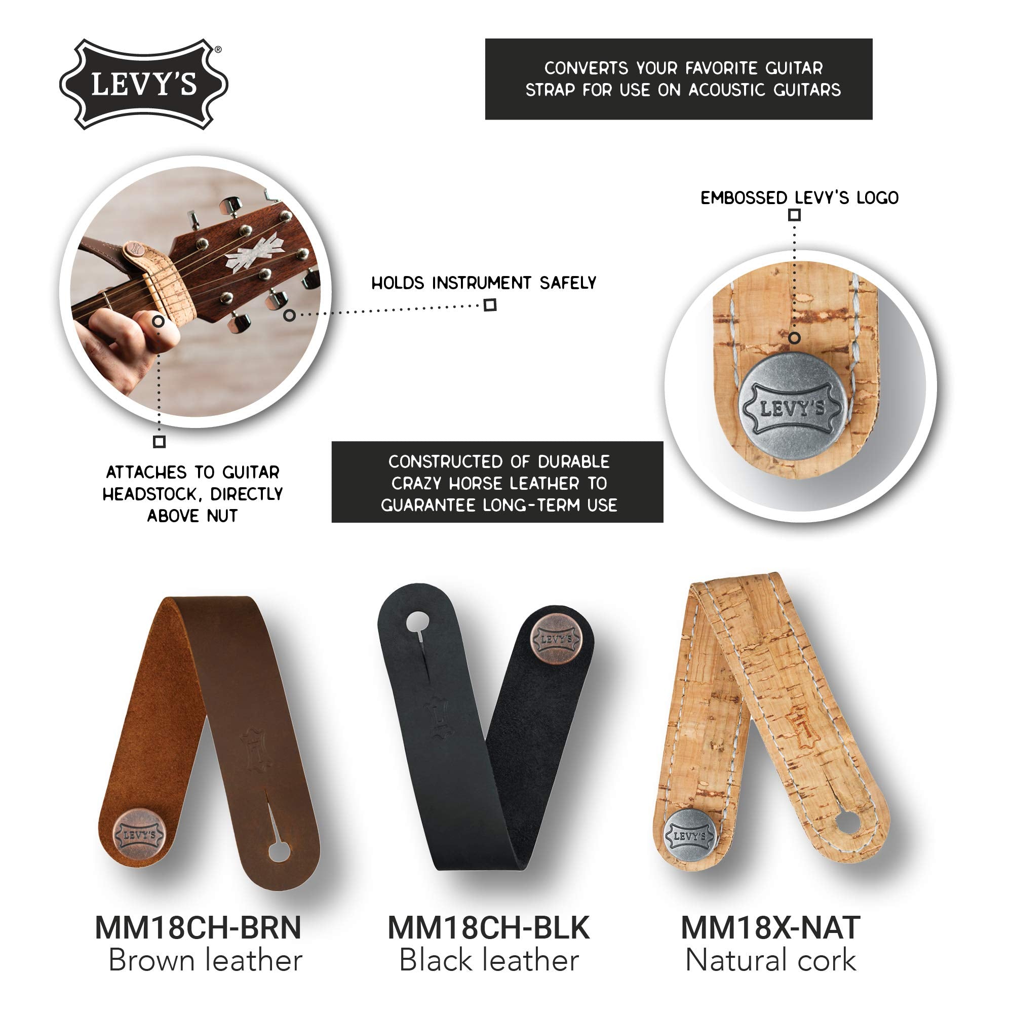 Levy's Leathers Headstock Strap Adapter for Acoustic Guitars; Natural Cork (MM18X-NAT)