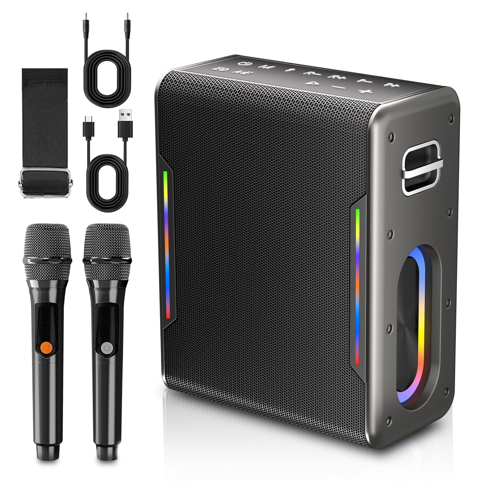 Karaoke Machine with Two Wireless Microphones, Powerful Portable Bluetooth Speaker for Adults & Kids, PA System with 2 Voice Mod