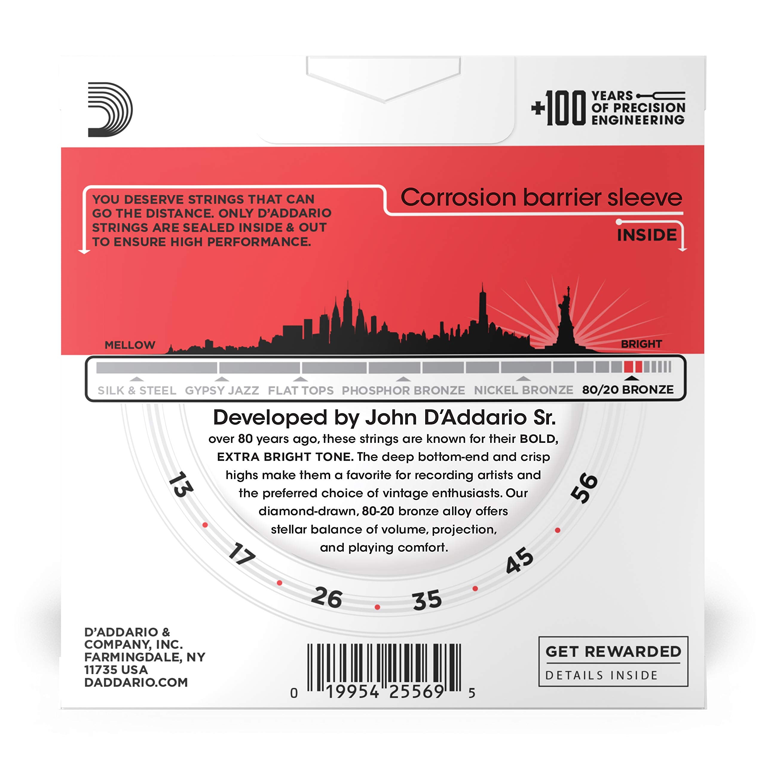 D'Addario Guitar Strings - Acoustic Guitar Strings - 80/20 Bronze - For 6 String Guitar - Deep, Bright, Projecting Tone - EJ12-3