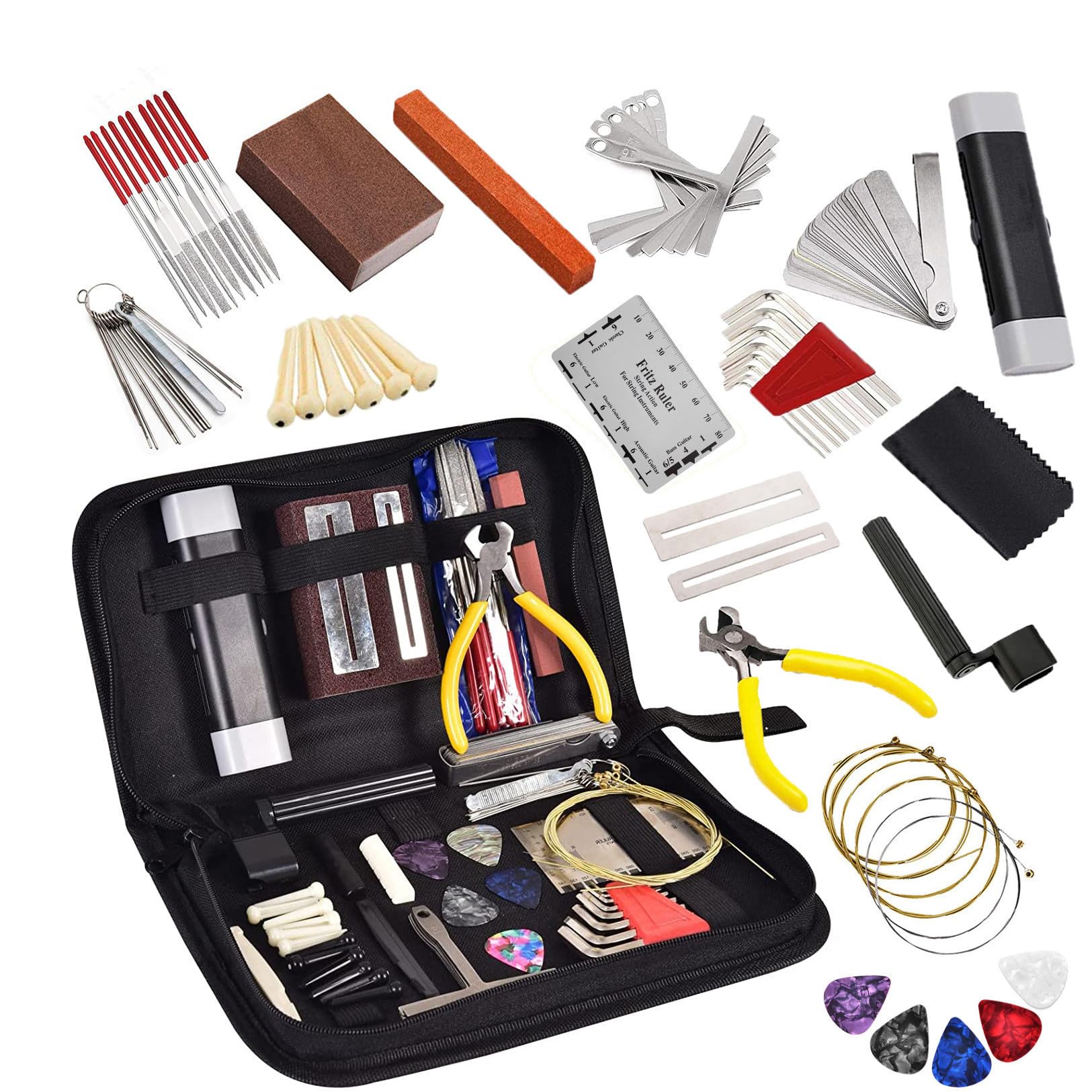 Guitar Repairing Maintenance Tool Kit 72Pcs Guitar Repair Kit Including Guitar Strings, Plectrums, Bridge, Guitar Code For Acous