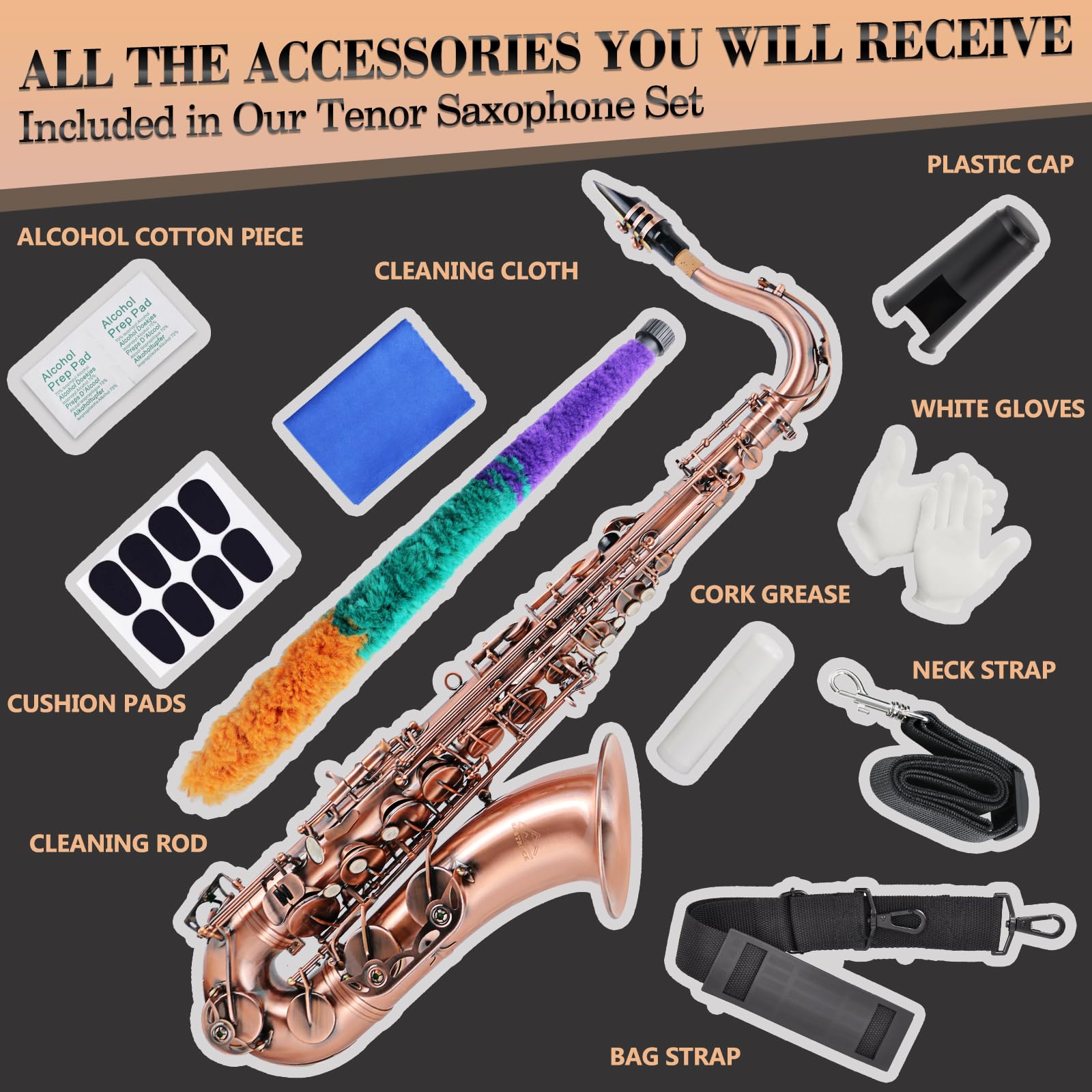 EASTROCK Tenor Saxophone, Red Antique Copper, B Flat, Professional, with Carrying Case, Mouthpiece, Reeds, Cleaning Kit, Neck St