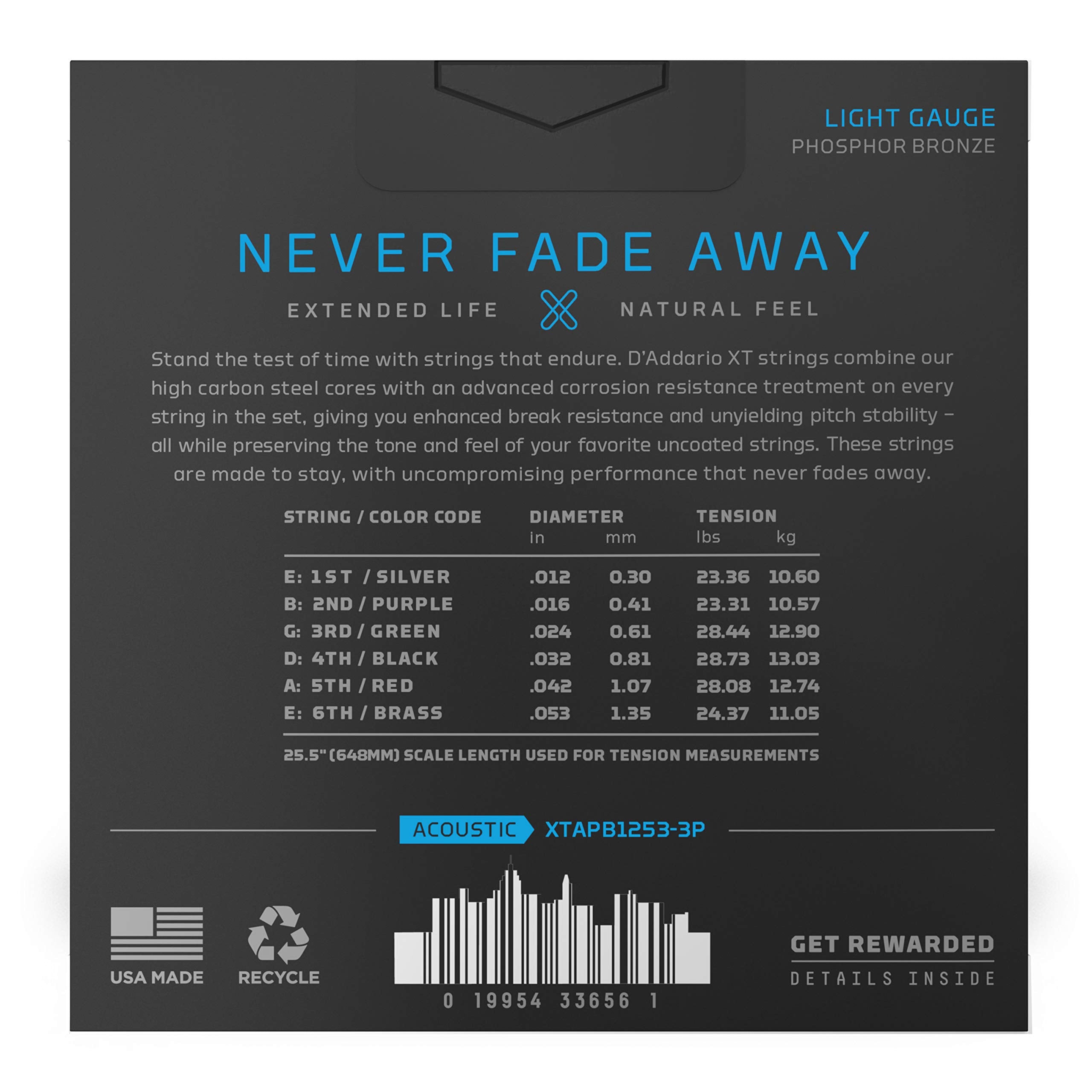 D'Addario Guitar Strings - XT Phosphor Bronze Coated Acoustic Guitar Strings - XTAPB1253-3P - Extended String Life with Natural