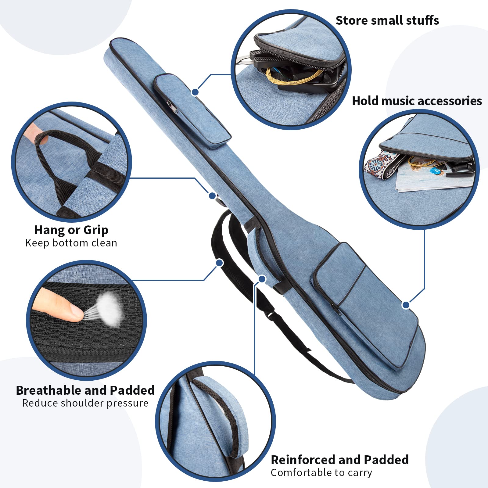 MUZTOP Bass Guitar Bag, 7MM Padding Bass Guitar Gig Bag Padded Soft Electric Bass Guitar Case Backpack with Pockets, Blue