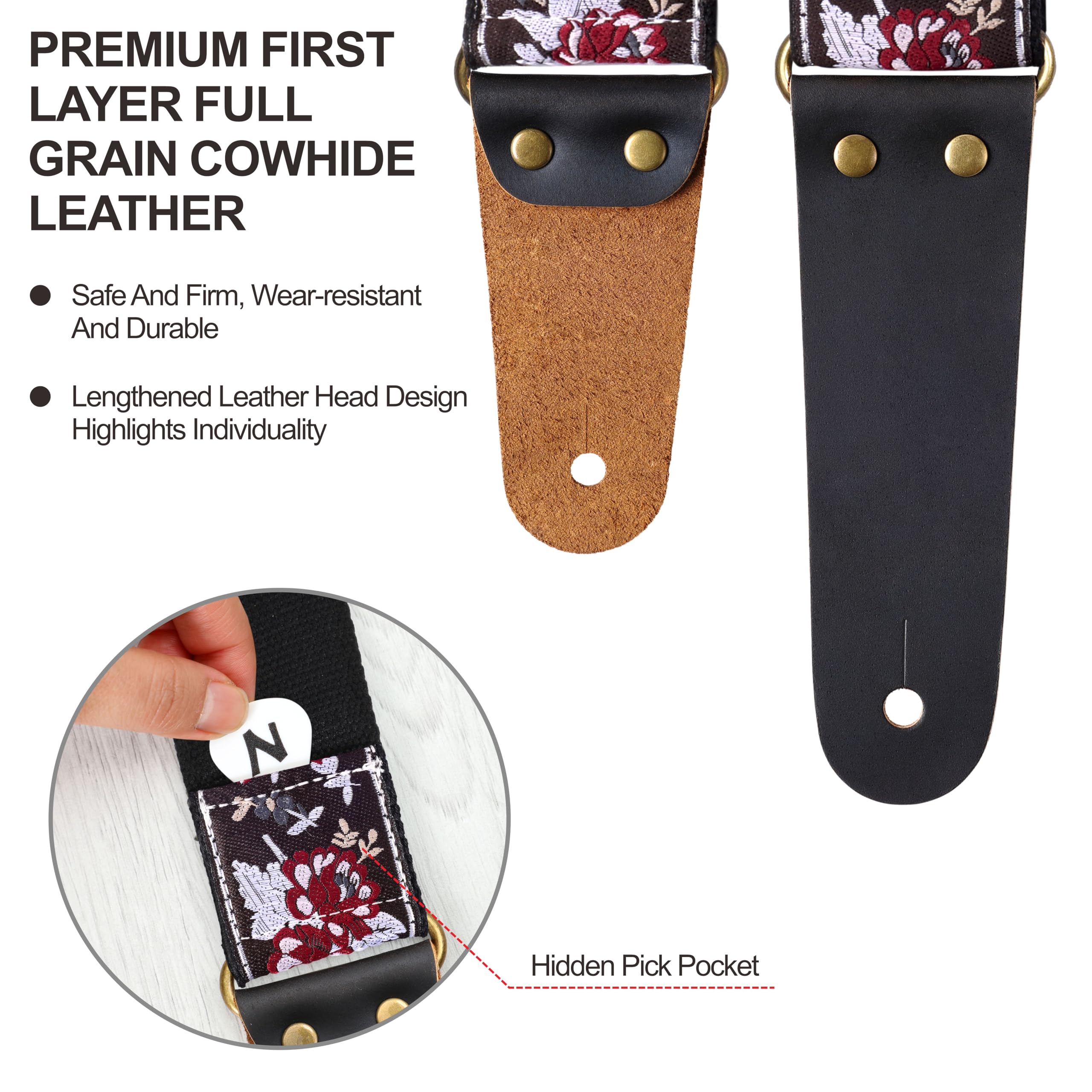 Nefelibata Guitar Strap, Cotton Guitar Straps with Head Cowhide Leather Ends for Bass, Electric & Acoustic Guitars, Free Strap B