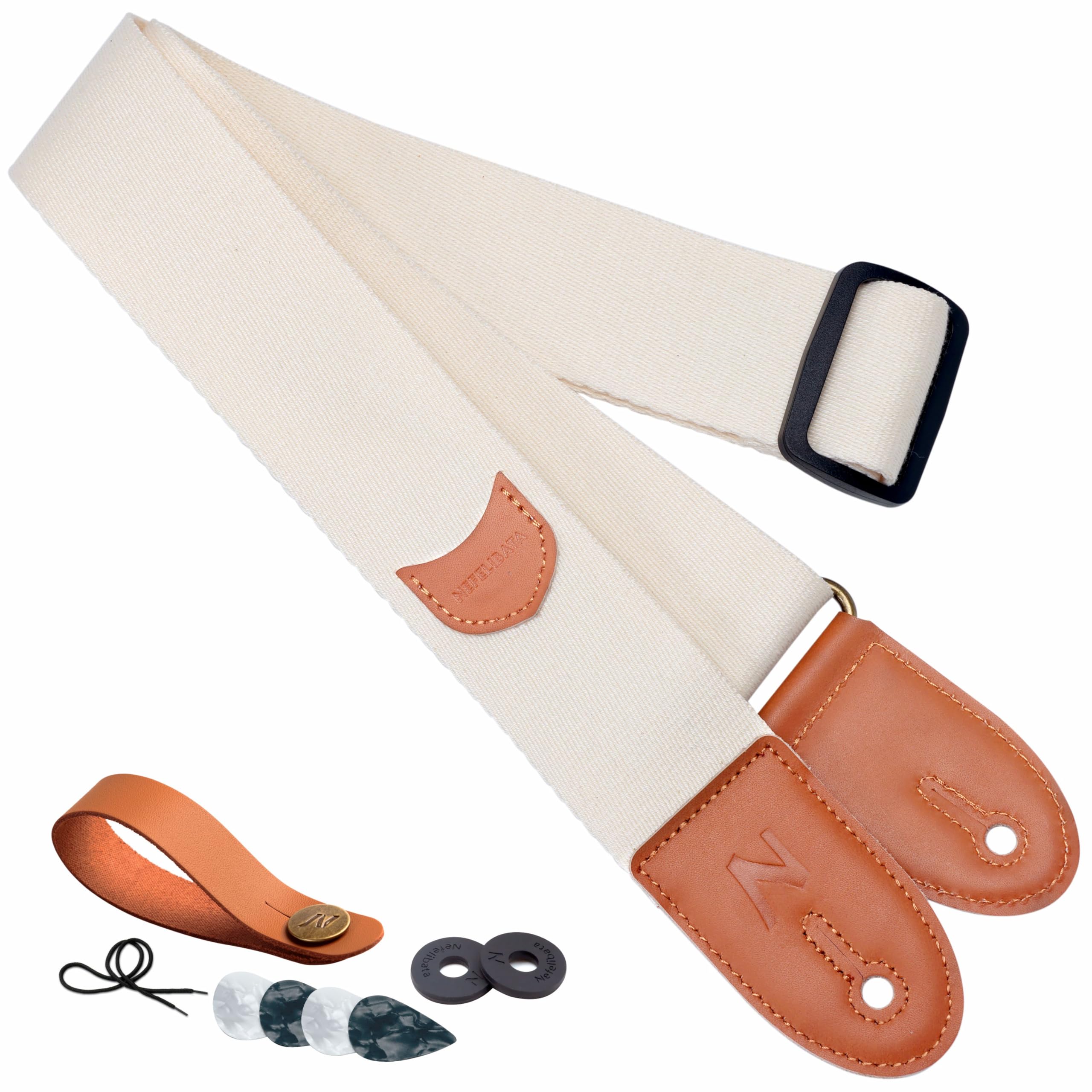 Nefelibata Guitar Strap, 100% Cotton Full Grain Leather Ends Guitar Straps With Pick Pocket For Bass, Electric & Acoustic Guitar