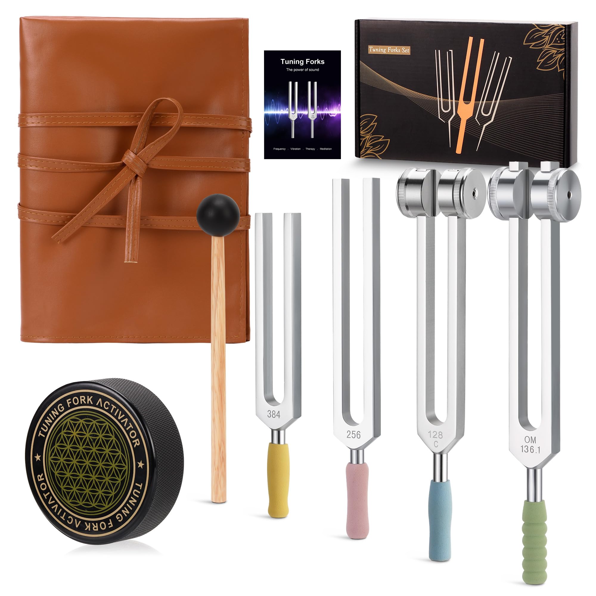 DiDiBirDi Tuning Fork Set 4pcs 128HZ, 136.1HZ, 256HZ, 384HZ, Equipped with PU Leather Bag and Activator, for Yoga, Meditation, R