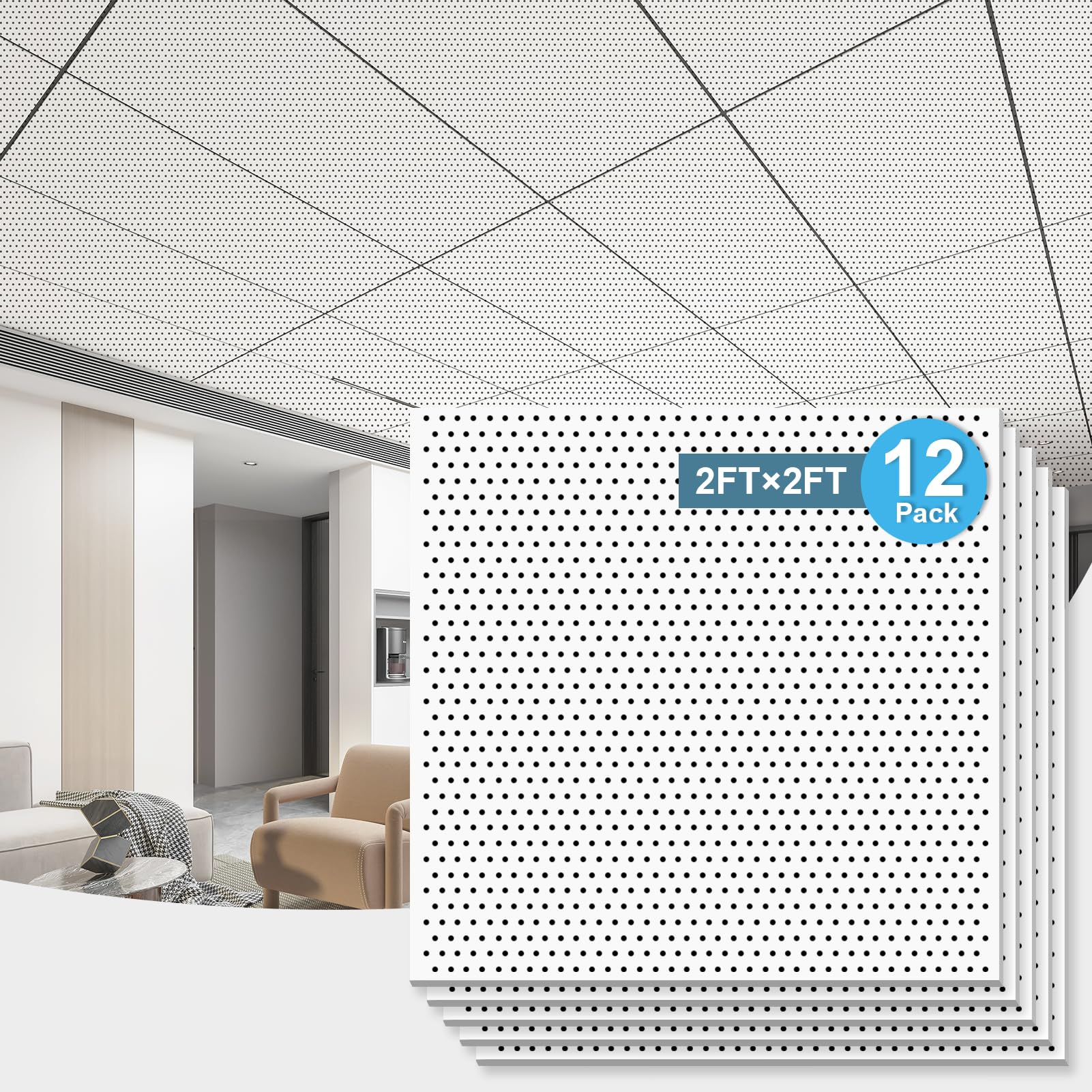 Art3D Acoustic Drop Ceiling Tiles 2X2Ft 12-Pack, Soundproof Panels 24X24 For Wall Coverings, White