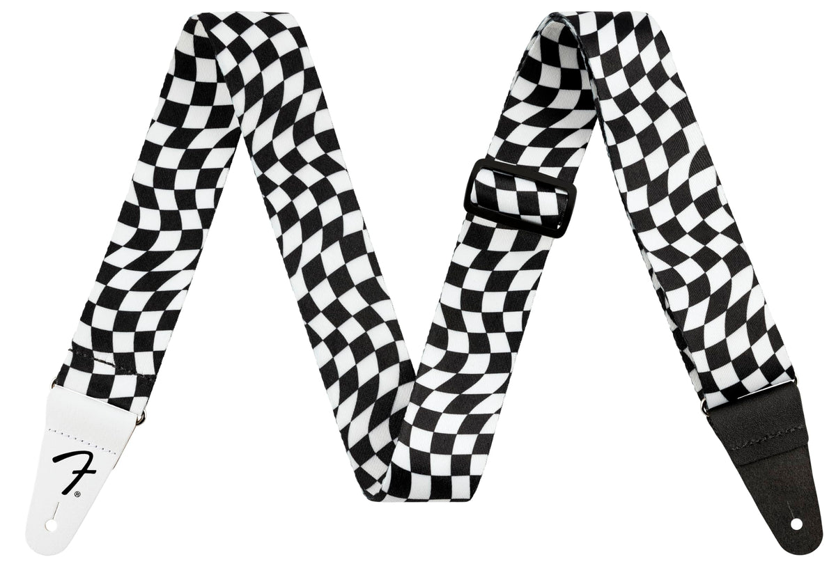 Fender Polyester Guitar Strap, Guitar Accessories, Leather Ends, Wavy Checkerboard Design