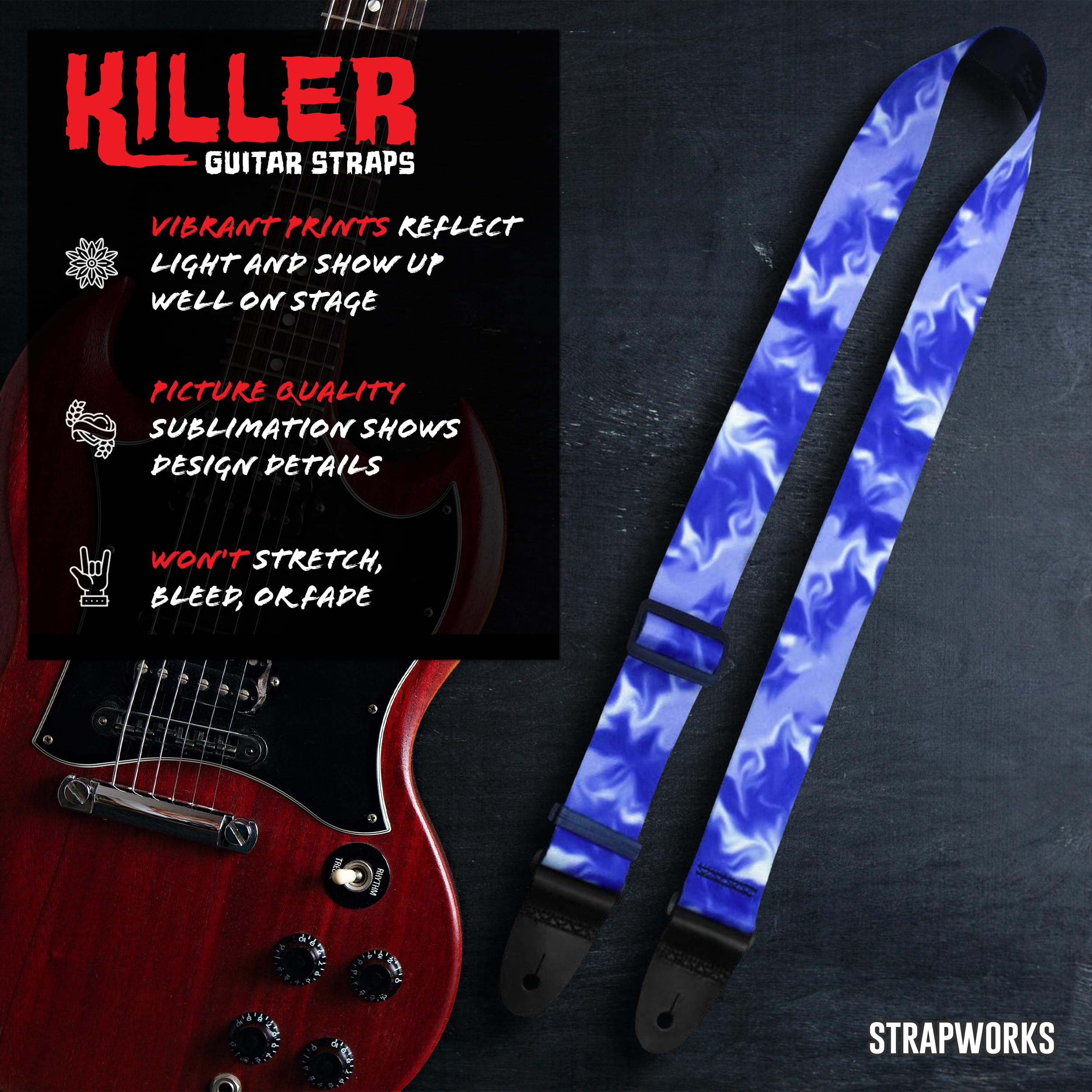 Killer-Q Guitar Strap - Stylish Straps for Electric and Acoustic Guitars With Leather Tabs, 2 Inches x 5 Feet, Blue Smoke