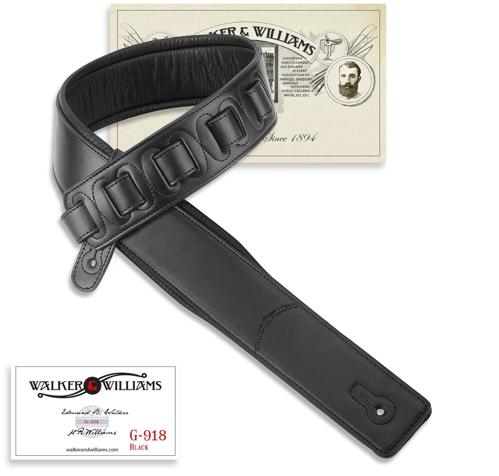 Walker & Williams G-918 Handmade Natural Finish Black Leather Padded Guitar Strap For Acoustic, Electric, And Bass Guitars