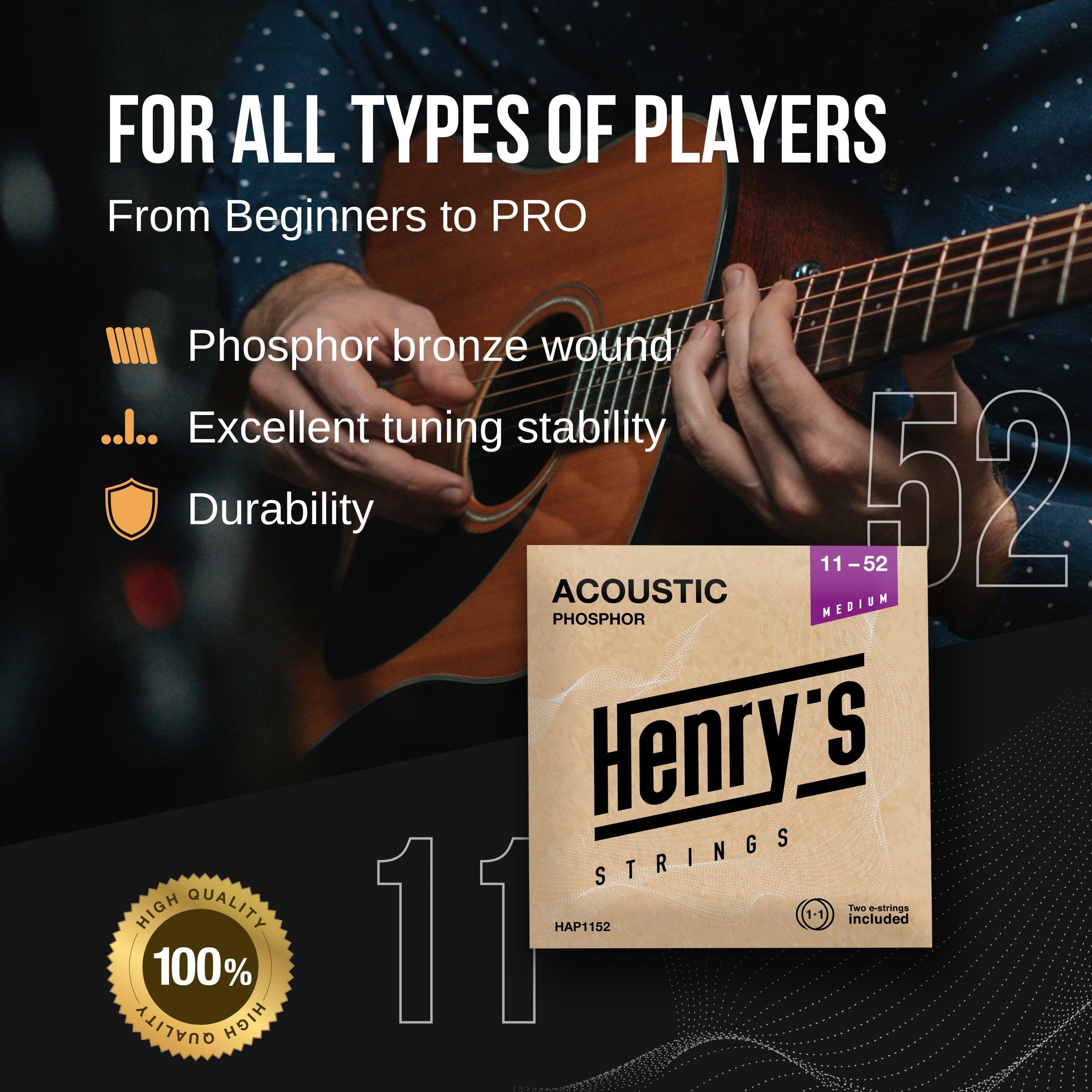 Medium Acoustic Guitar Strings Medium 11-52 - Extra E1 String & 3 Guitar Picks Bonus - Phosphor Bronze Acoustic Guitar Strings -