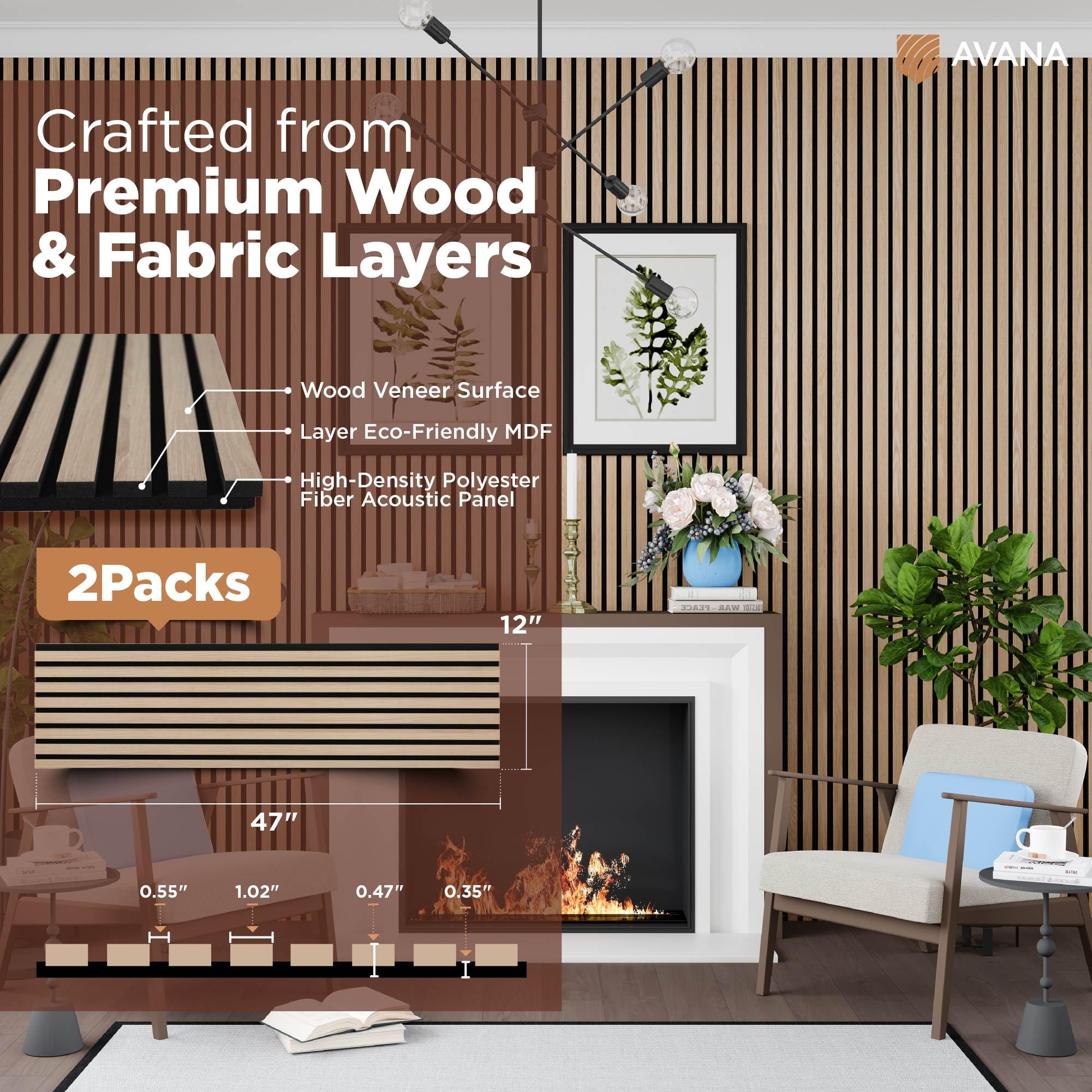 Avana Modern Acoustic Wood Wall Panels - 47.2 X 12.6 Inch White Oak Acoustic Panels 2 PCs - Wall Panels For Interior Wall Decor