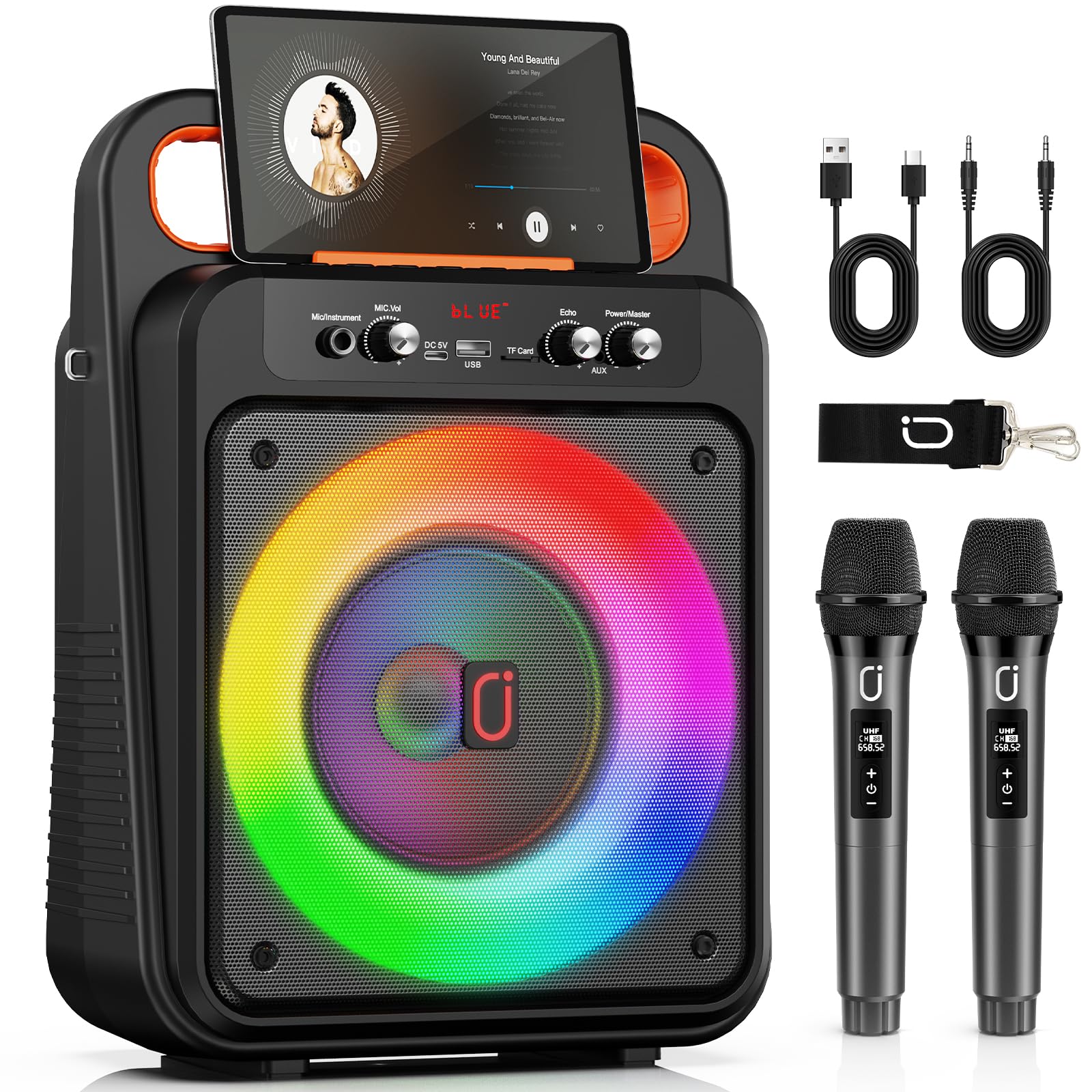 JYX Karaoke Machine with 2 Wireless Microphones, Portable Bluetooth Karaoke Speaker for Adults, PA System Speaker with LED Light