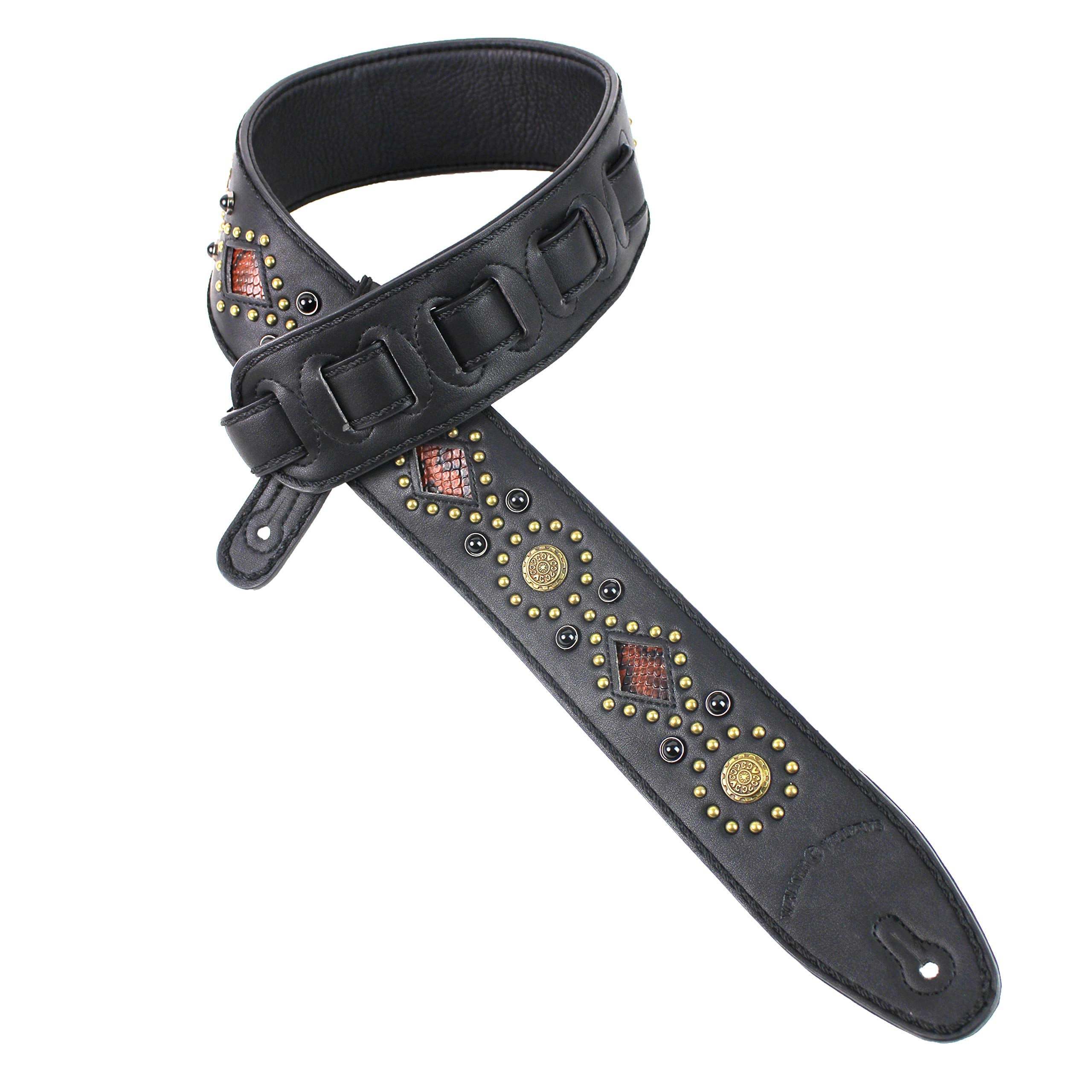 Walker And Williams Gtr-20-Bb Black On Black Sedona Special Guitar Strap With Padded Back, Snakeskin Inserts, Brass Studs & Rive