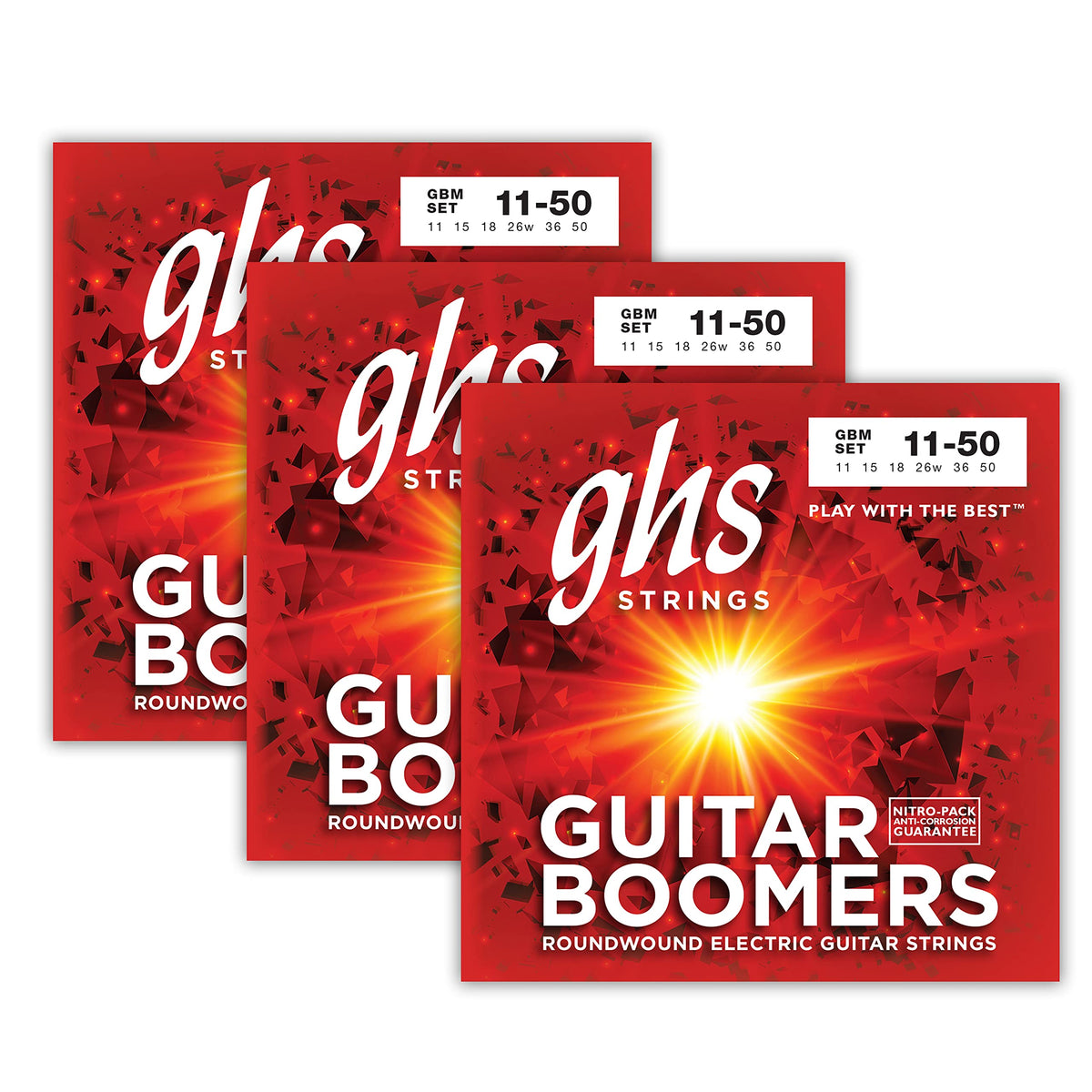 Ghs Strings Gbm Guitar Boomers, Nickel-Plated Electric Guitar Strings, Medium (11-50), Pack Of 3