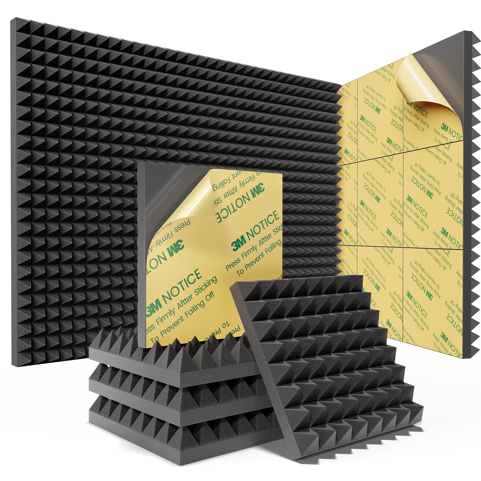 Sonicism 12 Pack Pyramid Sound Proof Foam Panels With Self-Adhesive, 12'' X 12'' X 2'' Acoustic Foam Panels Of High Density, Sou