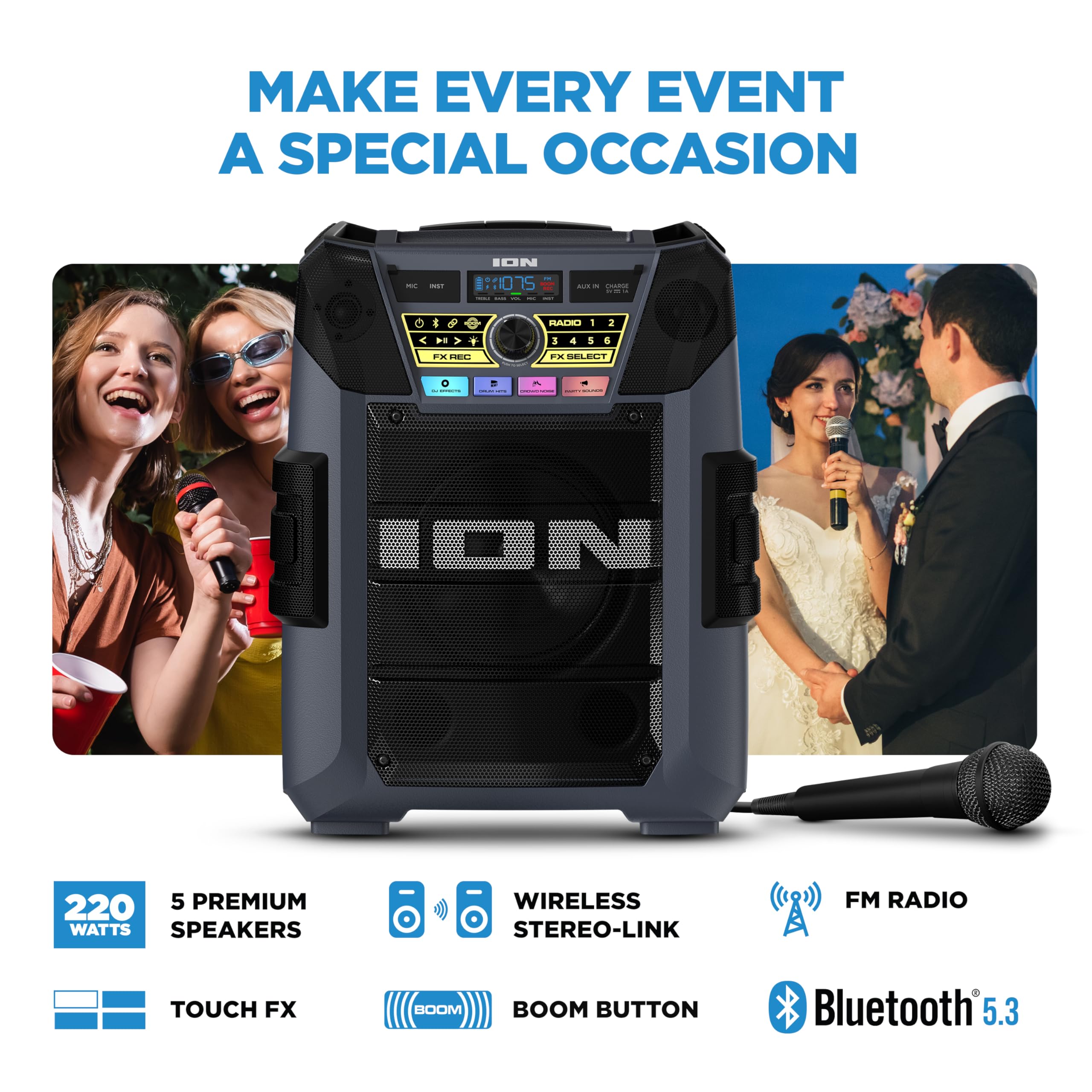 ION Block Rocker XL - Portable Bluetooth Outdoor Party Speaker, 220W, with Karaoke Microphone, Battery, 5 Speakers, Lights, Radi