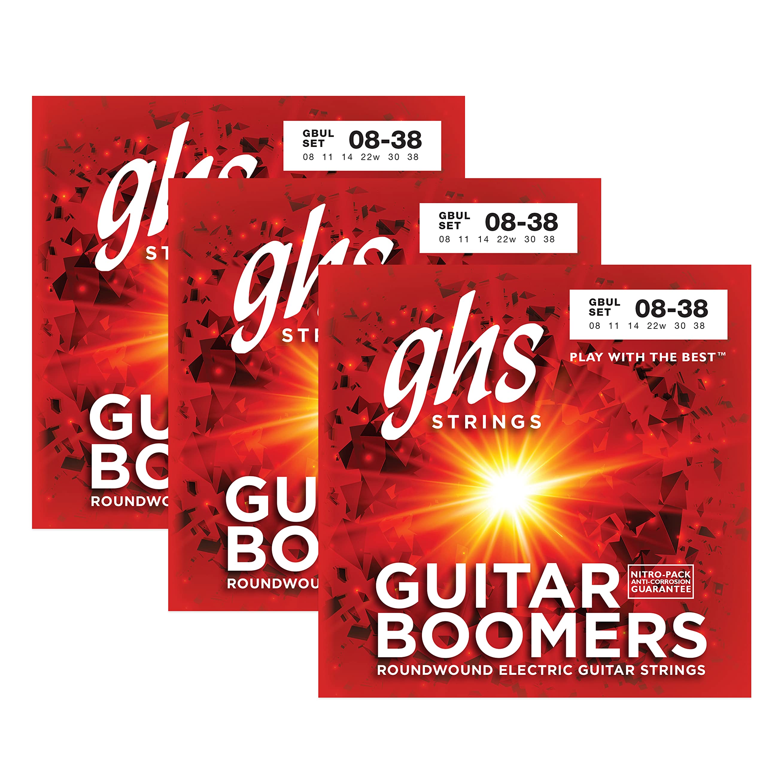 Ghs Strings Guitar Boomers, Nickel Plated Electric Guitar Strings, Gbul Set - Ultra Light (8-38), Pack Of 3