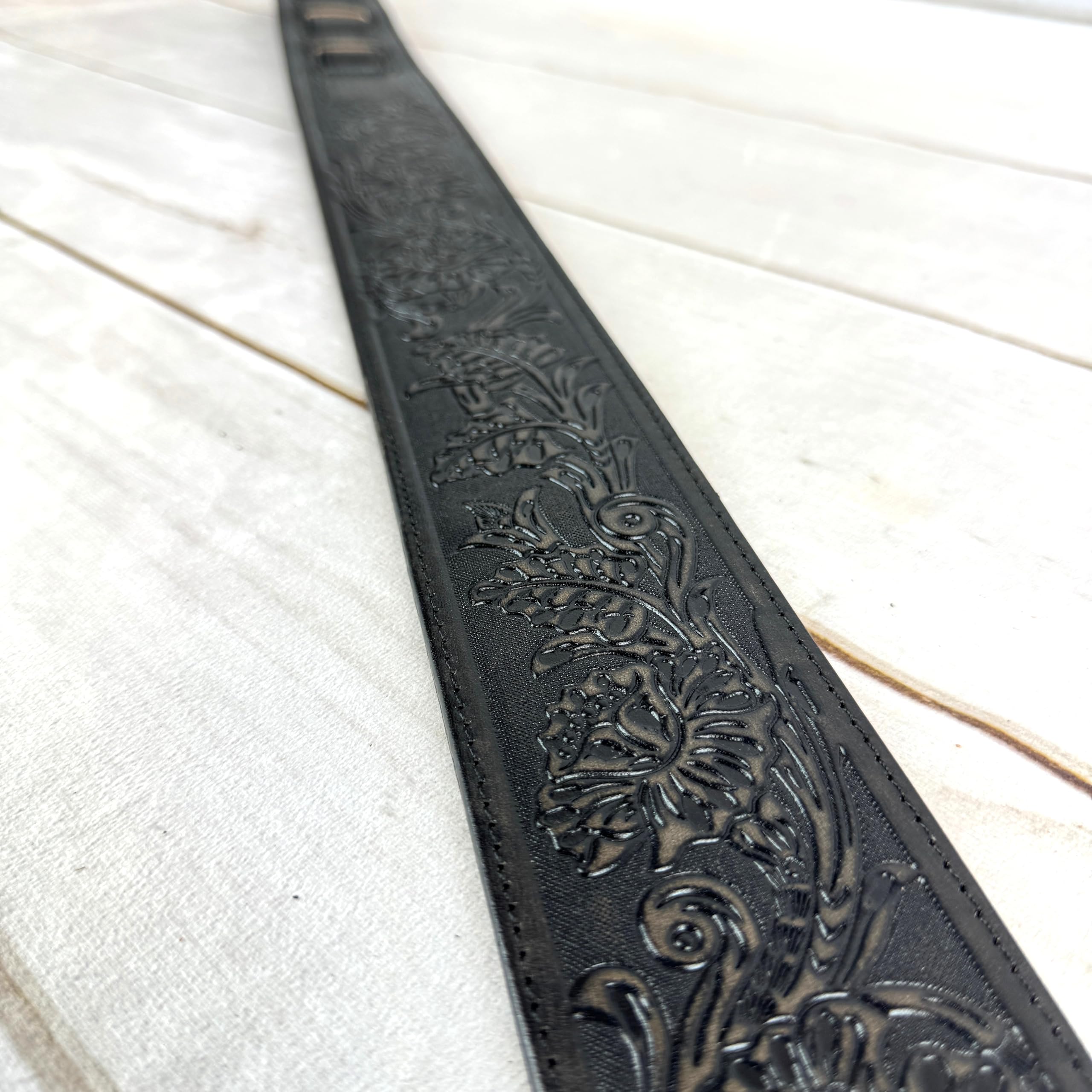 Walker & Williams LIF-02 Distressed Black Handmade Leather Padded Guitar Strap with Western Sheridan Tooling For Acoustic, Elect
