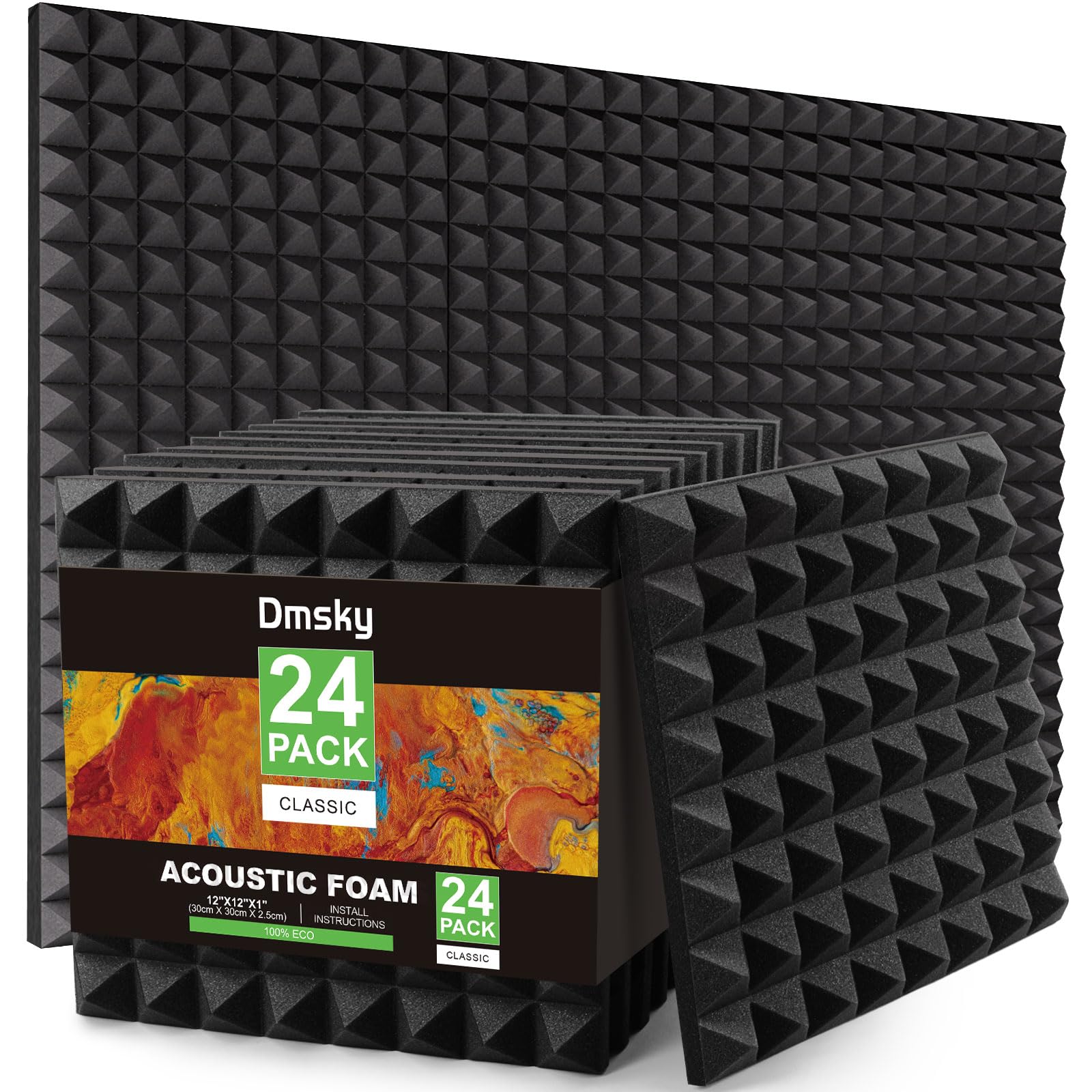 24 Pack Sound Proof Foam Panels Studio Acoustic Foam Panels,1'' X 12'' X 12''Soundproof Wall Panels,Fire-Proofed Pyramid Soundpr