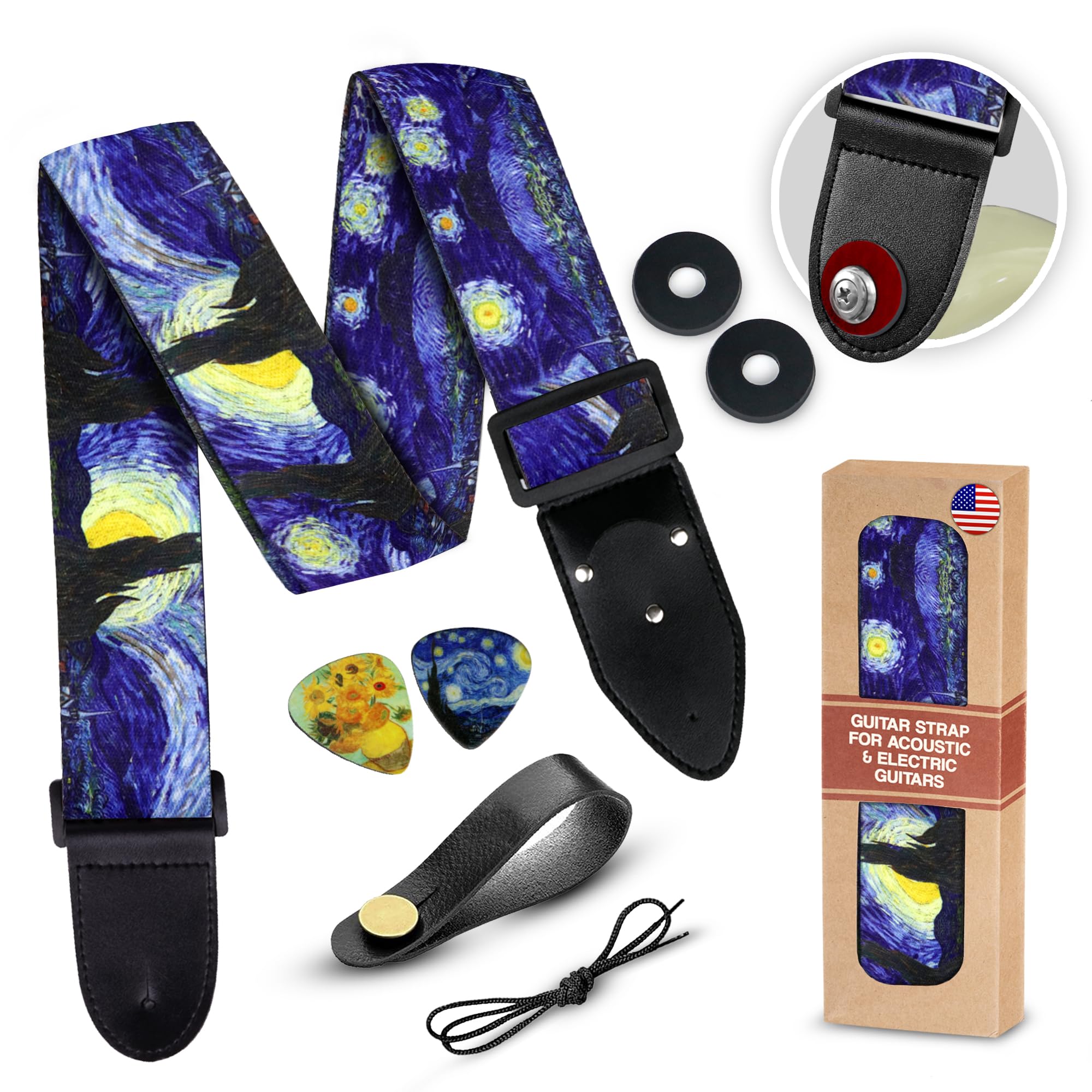 Van Gogh Starry Night Guitar Strap For Bass , Electric & Acoustic Guitar Includes 2 Strap Locks & 2 Matching Picks Adjustable Co