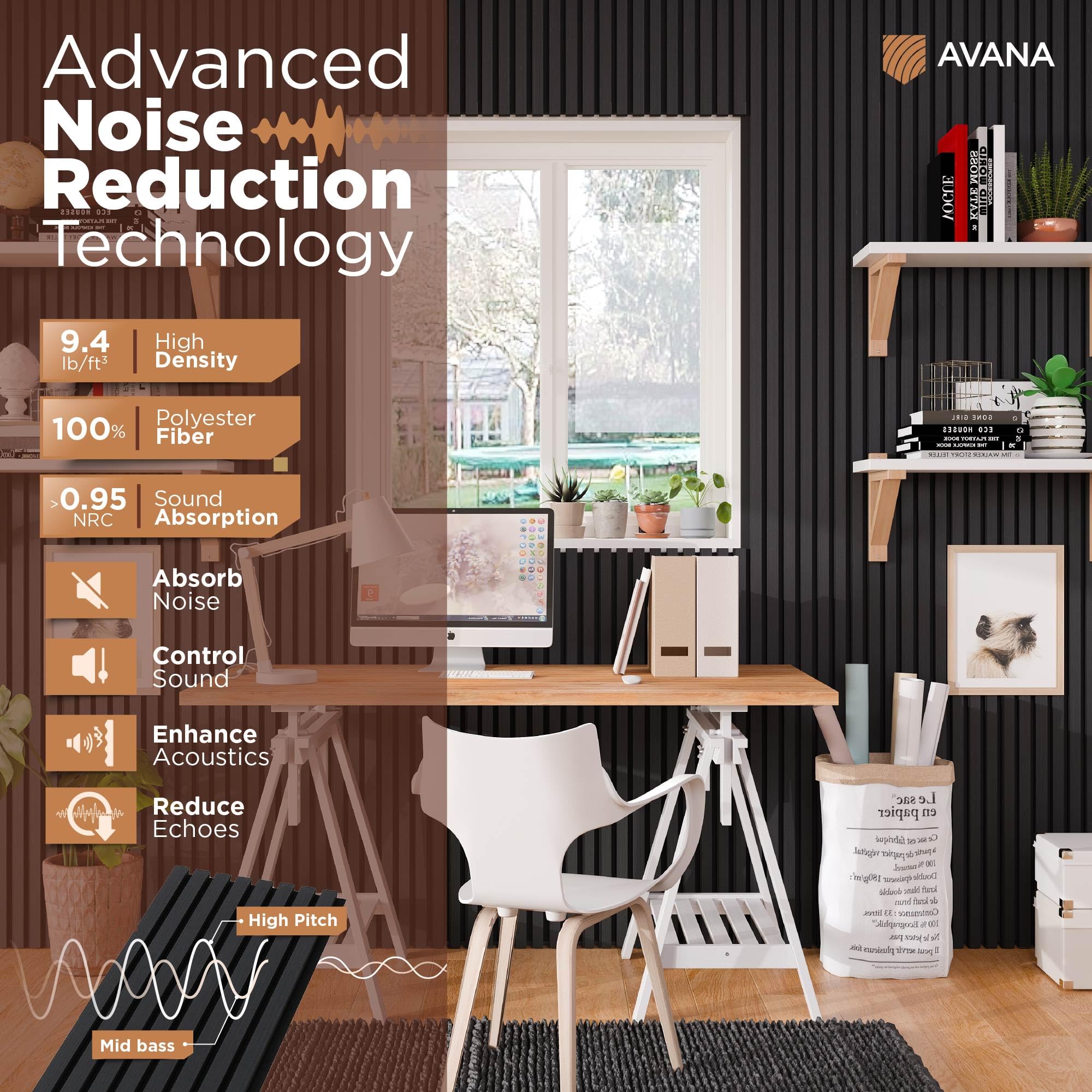 Avana Acoustic Wood Wall Panels - 47.2 X 12.6 Inch Black Oak Acoustic Panels 2 PCs - Modern Wall Panels For Interior Wall Decor