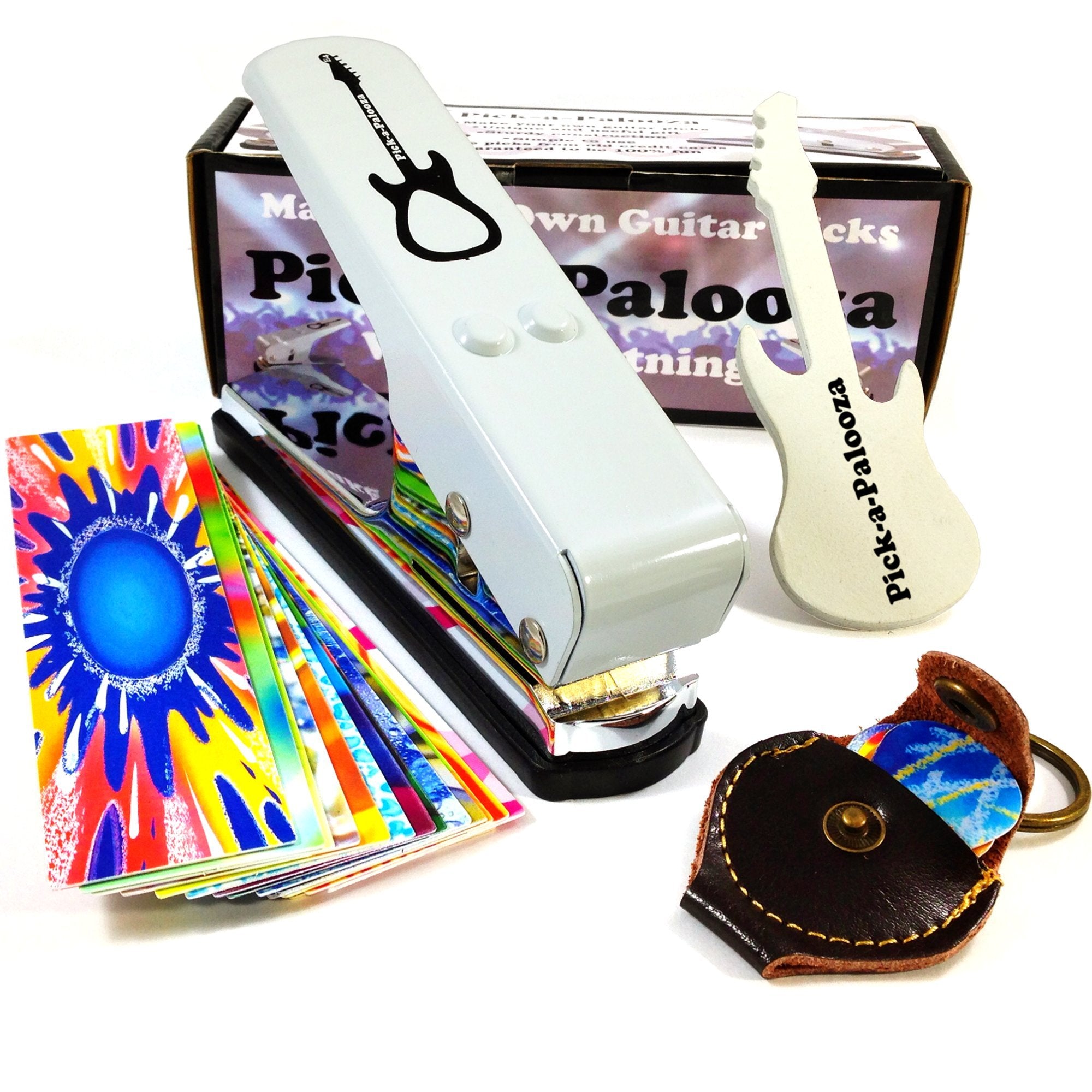 Pick-A-Palooza Diy Guitar Pick Punch Mega Gift Pack - The Premium Guitar Pick Maker - Includes Leather Key Chain Pick Holder, 15