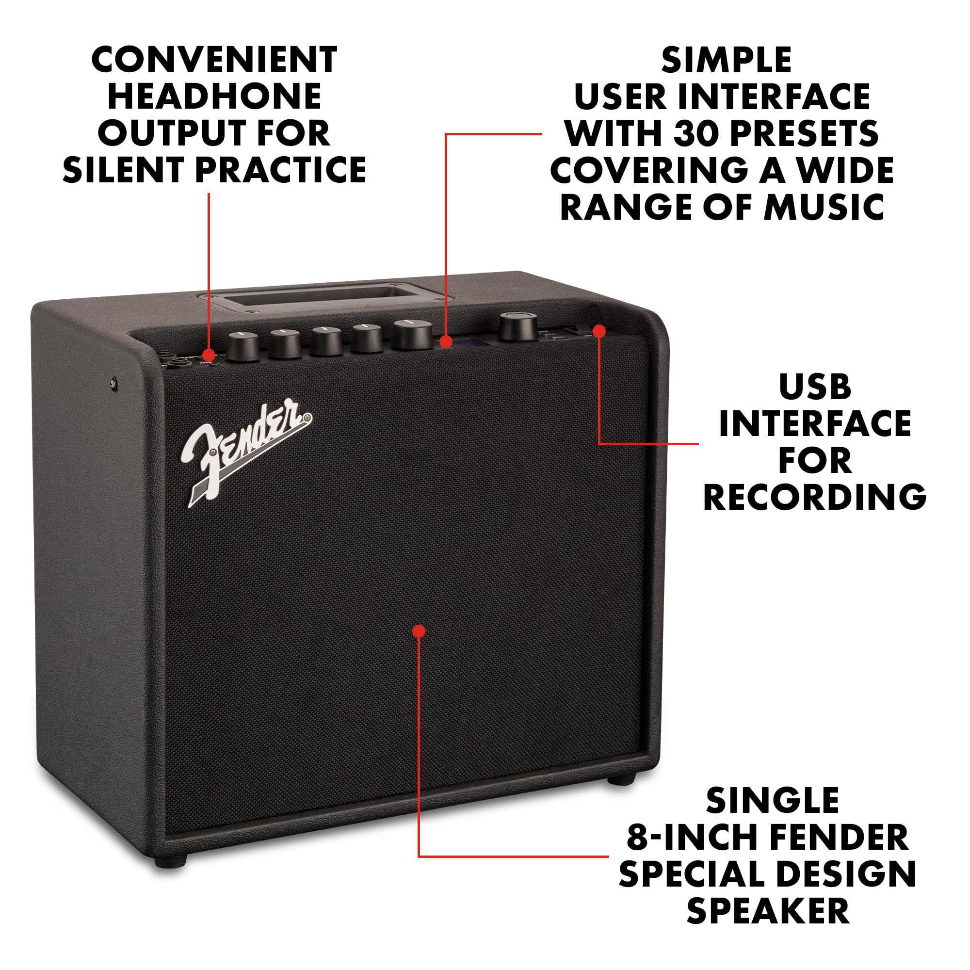 Fender Mustang LT25 Guitar Amp, 25-Watt Combo Amp, with 2-Year Warranty, 30 Preset Effects with USB Audio Interface for Recordin