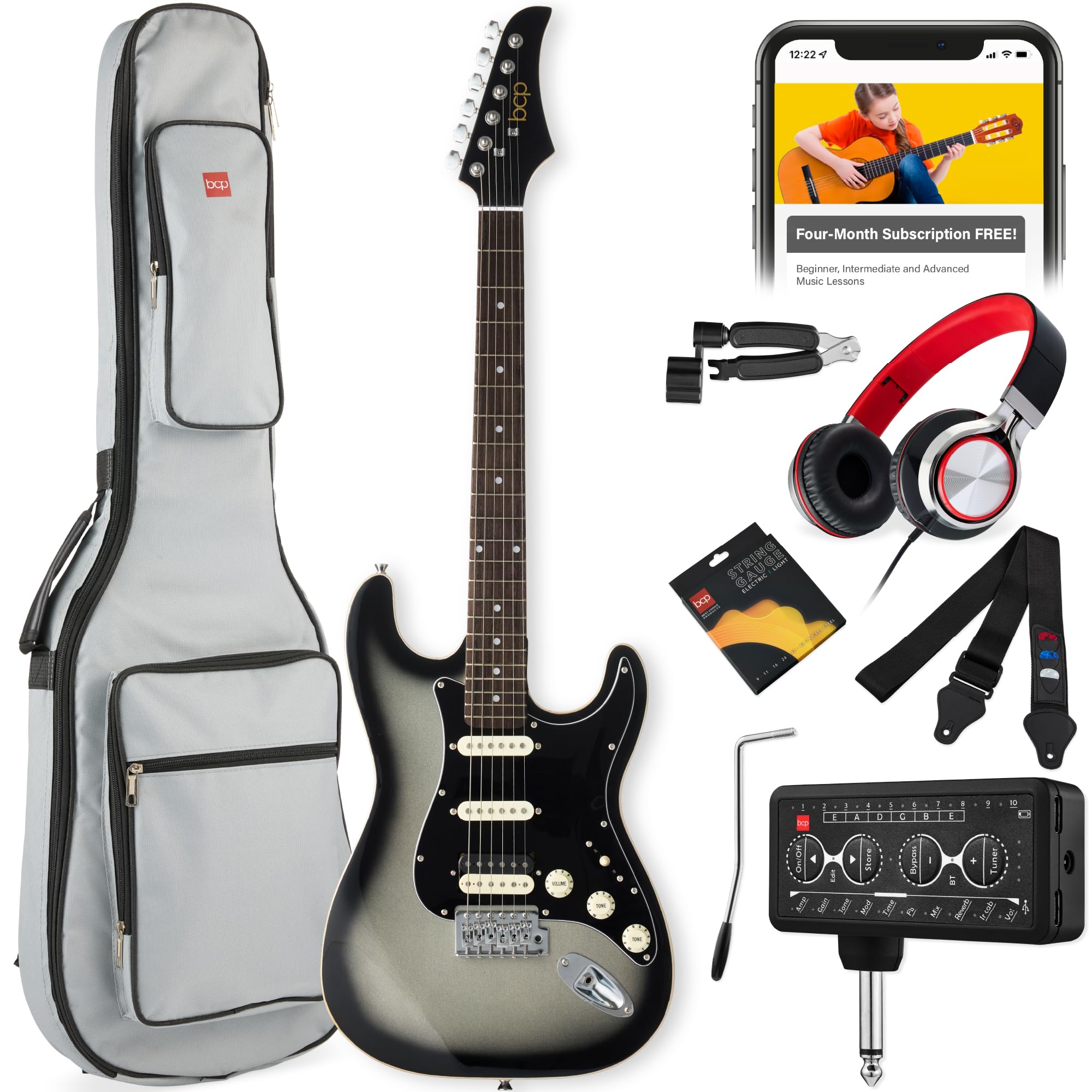 Best Choice Products Beginner HSS Electric Guitar Kit w/Headphone Amp, Padded Gig-Bag, Headphones, Guitar Strap - Silverburst/Bl