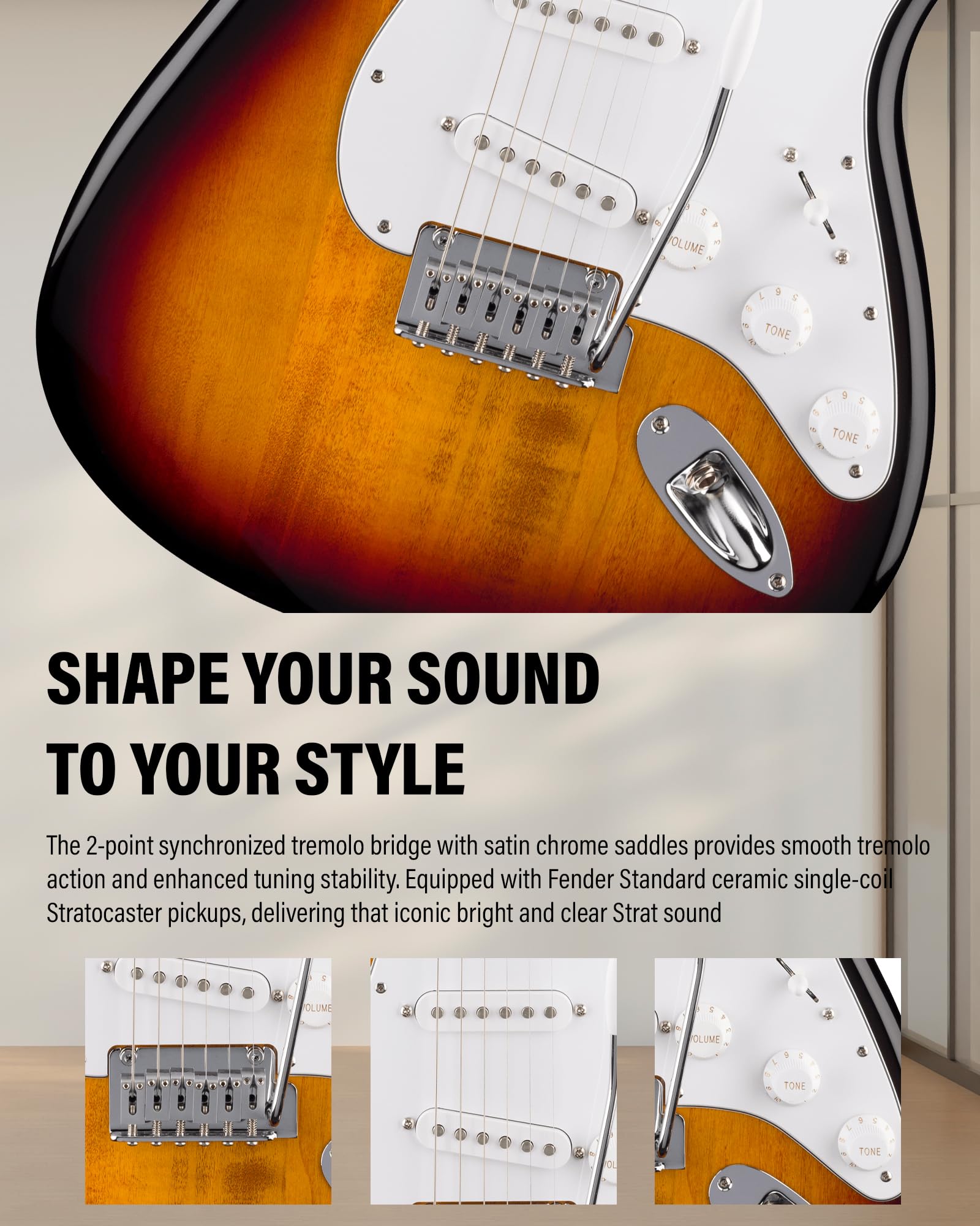 Fender Standard Stratocaster - 3-Color Sunburst Bundle with Strap, Guitar Cleaning Kit and Austin Bazaar Instructional Video