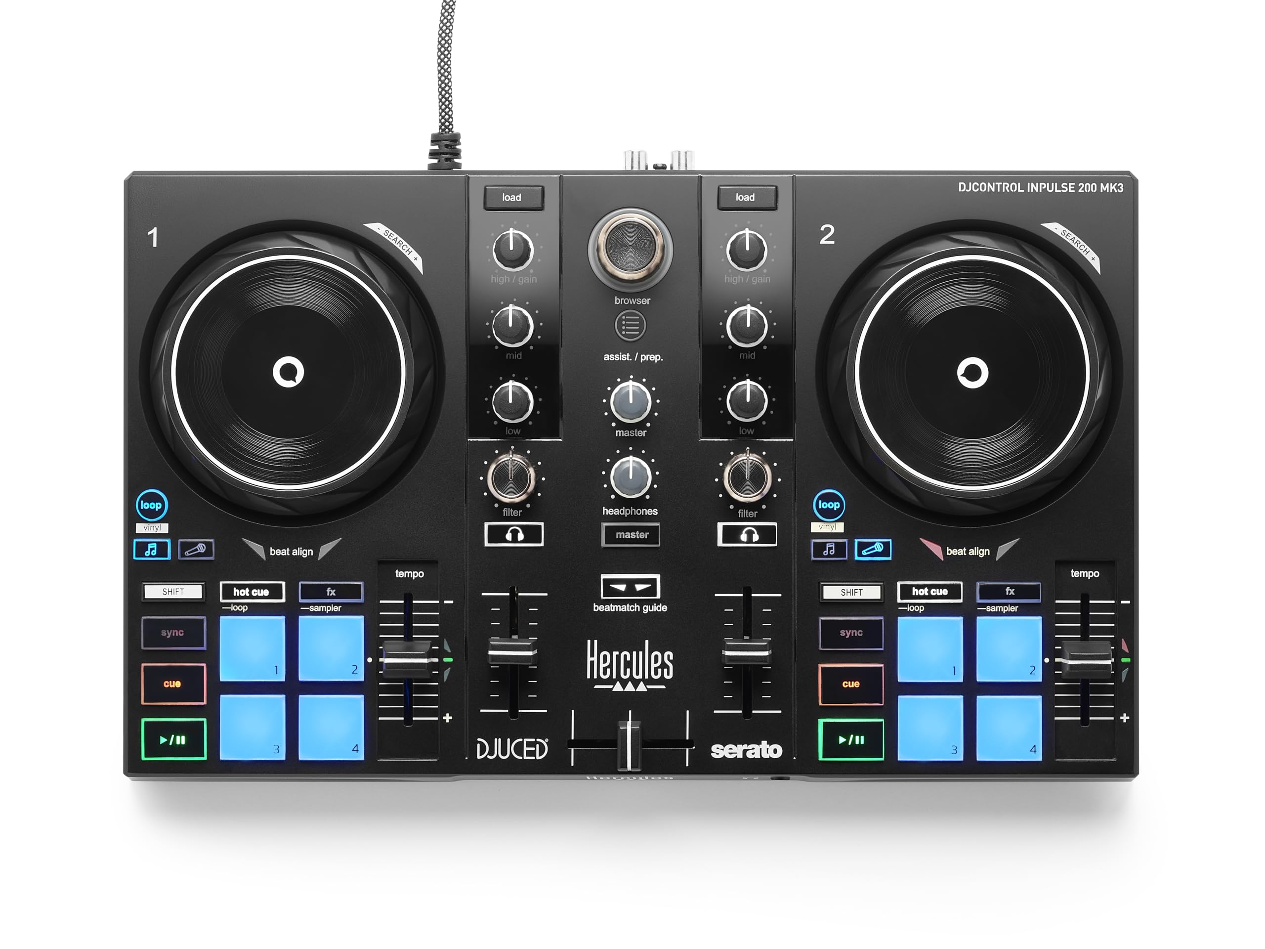 Hercules DJControl Inpulse 200 MK3 DJ Controller, 2 Deck DJ Mixer with Jog Wheels, Pads, Crossfader, Beginner DJ Equipment with 