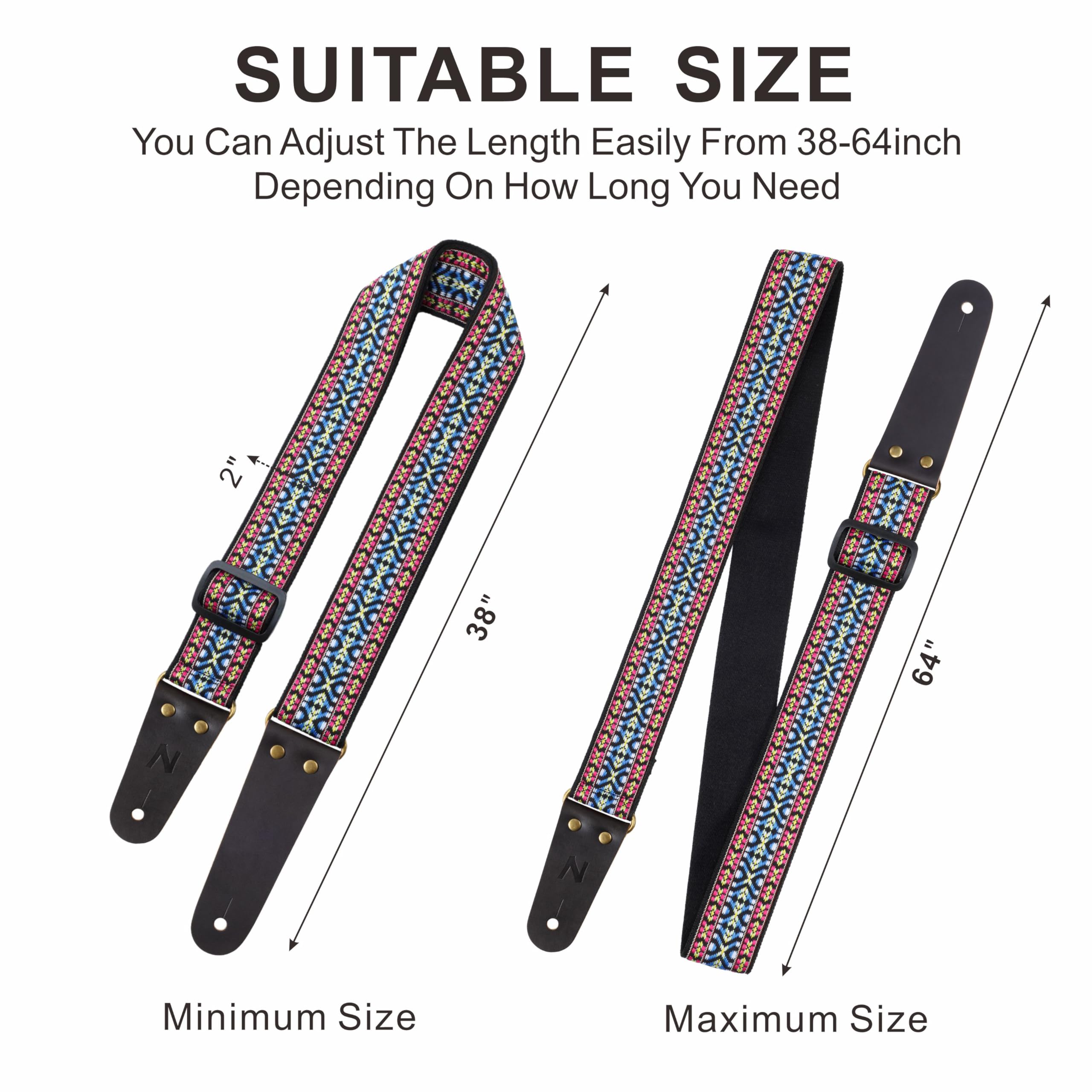 Nefelibata Guitar Strap, Vintage Cotton Guitar Straps with Head Cowhide Leather Ends for Bass, Electric & Acoustic Guitars, Free