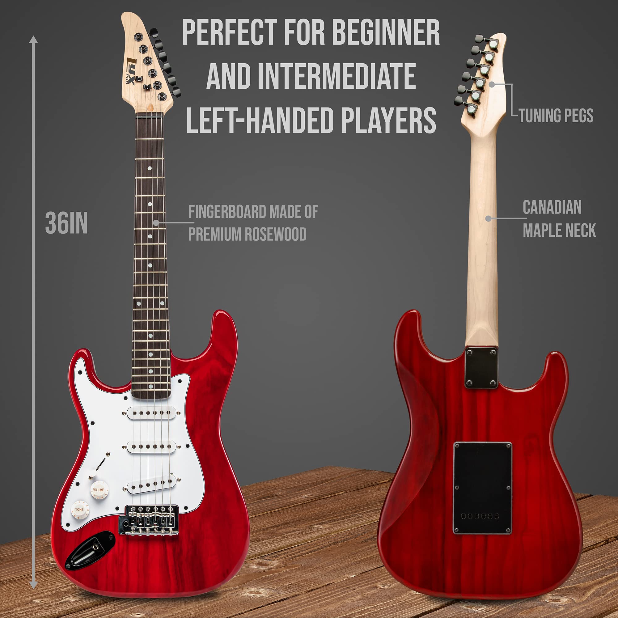 LyxPro Left Hand 36 Inch Electric Guitar and Kit for Lefty Kids with 3/4 Size Beginners Guitar, Amp, Six Strings, Two Picks, Sho