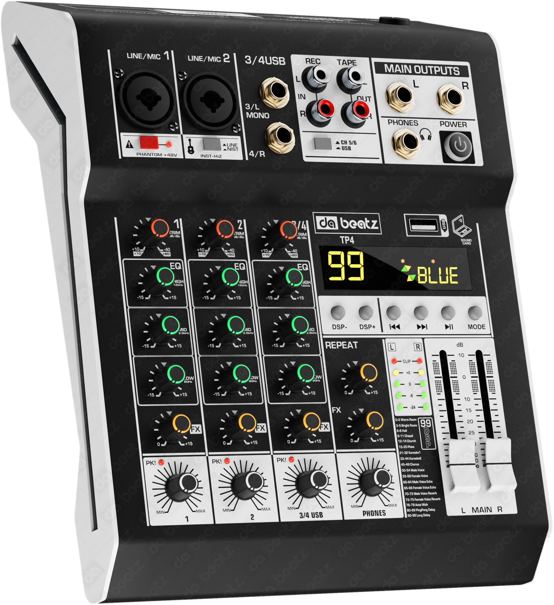 Dabeatz Professional 4 Channel Mixer | Xlr + Trs + 6.35Mm Input Ports | Usb Mp3 & Bt Support |Delay & Repeat Fx | Stereo Output 