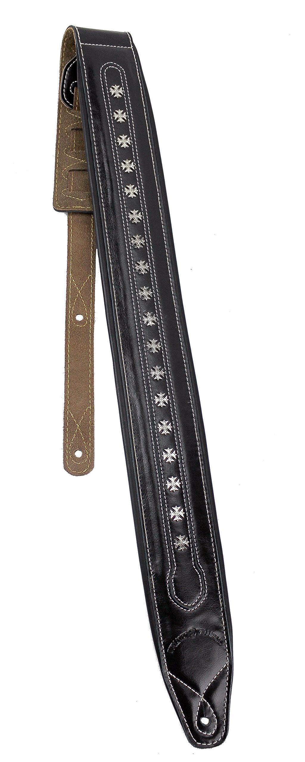 Walker & Williams C-35-BLK Smooth Texture Premium Black Full Grain Leather Soft Padded Guitar Strap with Metal Crosses For Acous