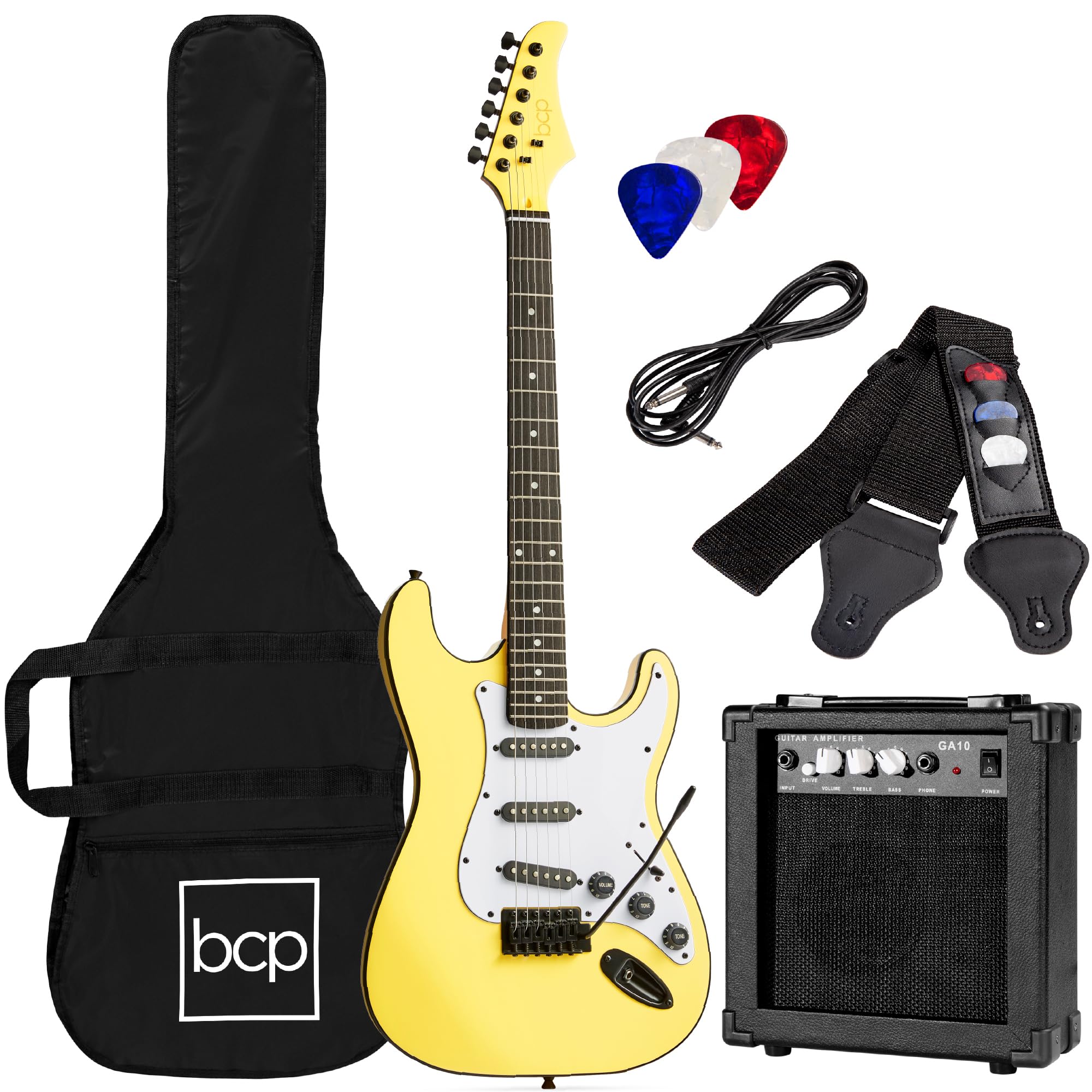 Best Choice Products 39In Full Size Beginner Electric Guitar Starter Kit W/Case, Strap, 10W Amp, Strings, Pick, Tremolo Bar - Ye