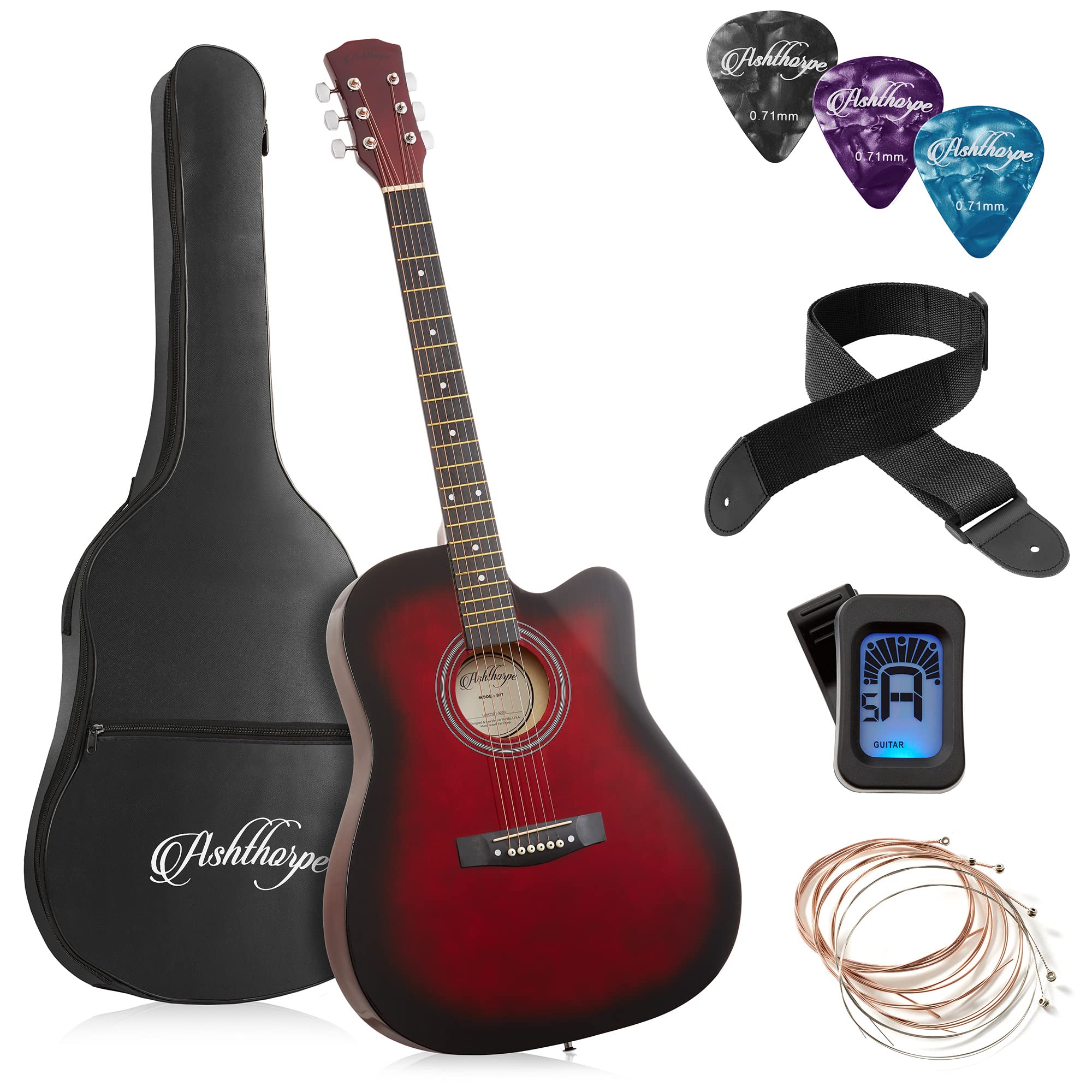 Ashthorpe 41-Inch Beginner Cutaway Acoustic Guitar Package (Red), Full Size Basic Starter Kit W/Gig Bag, Strings, Strap, Tuner,