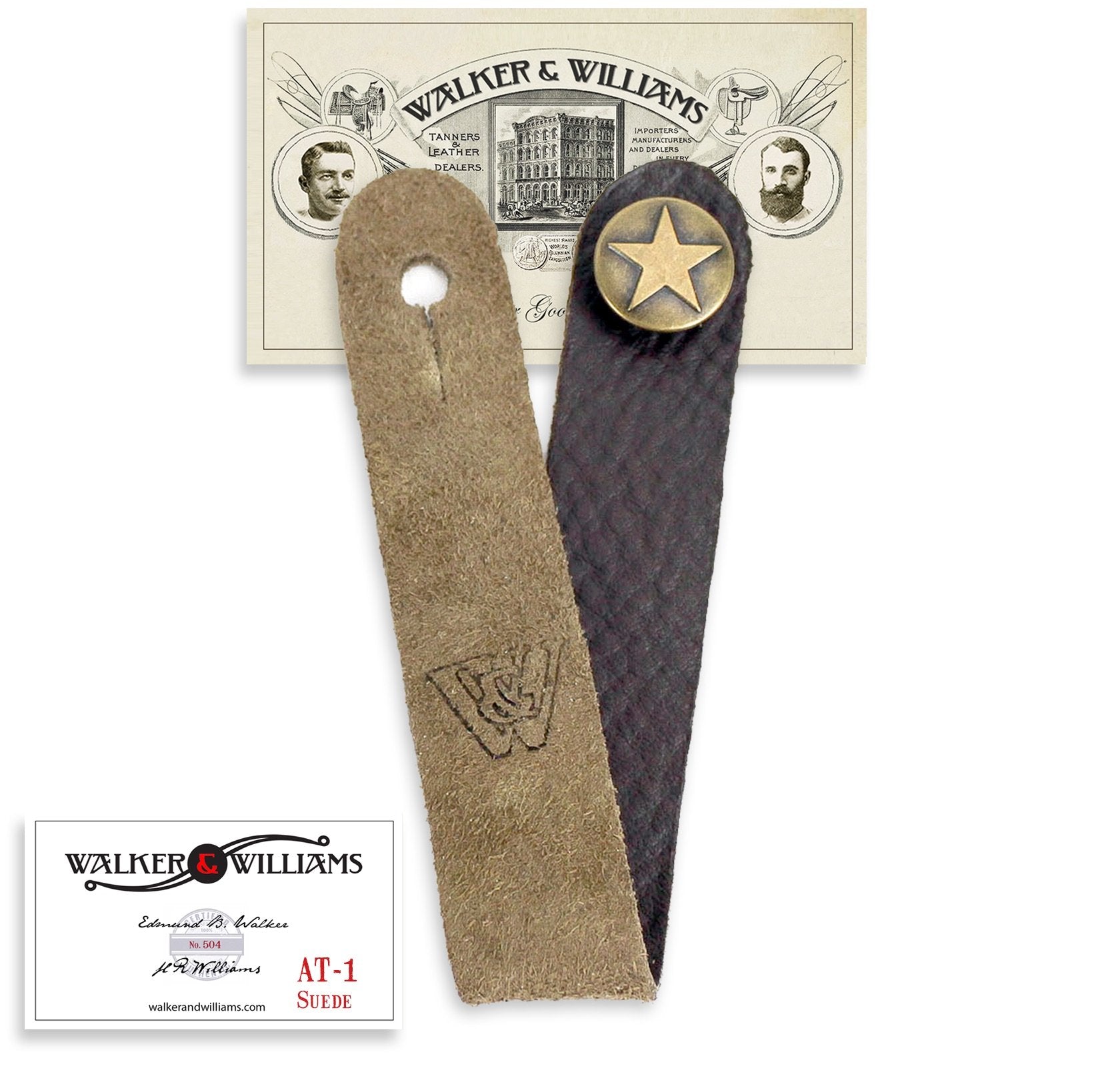 Walker & Williams At-1 Sb Brown Suede Leather Acoustic Guitar Strap Button Headstock Adaptor For Acoustic, Electric, And Bass Gu
