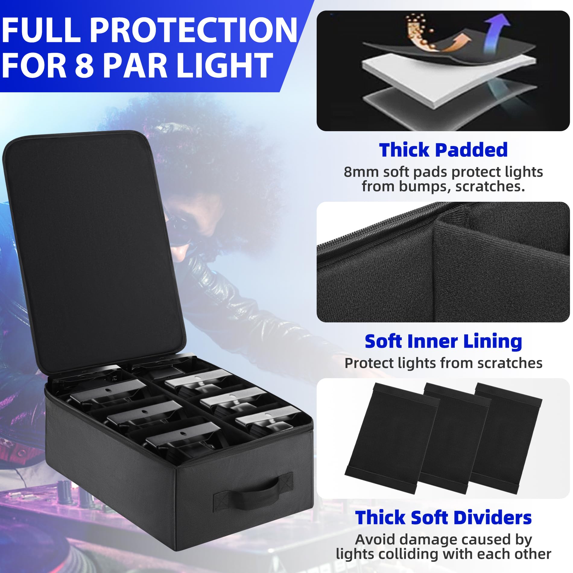 Aleemin Par Light Bag Soft Padded for 8 Par Lights, Stage Lighting Case with Removable Dividers & Backpack-strap & Handle, Light