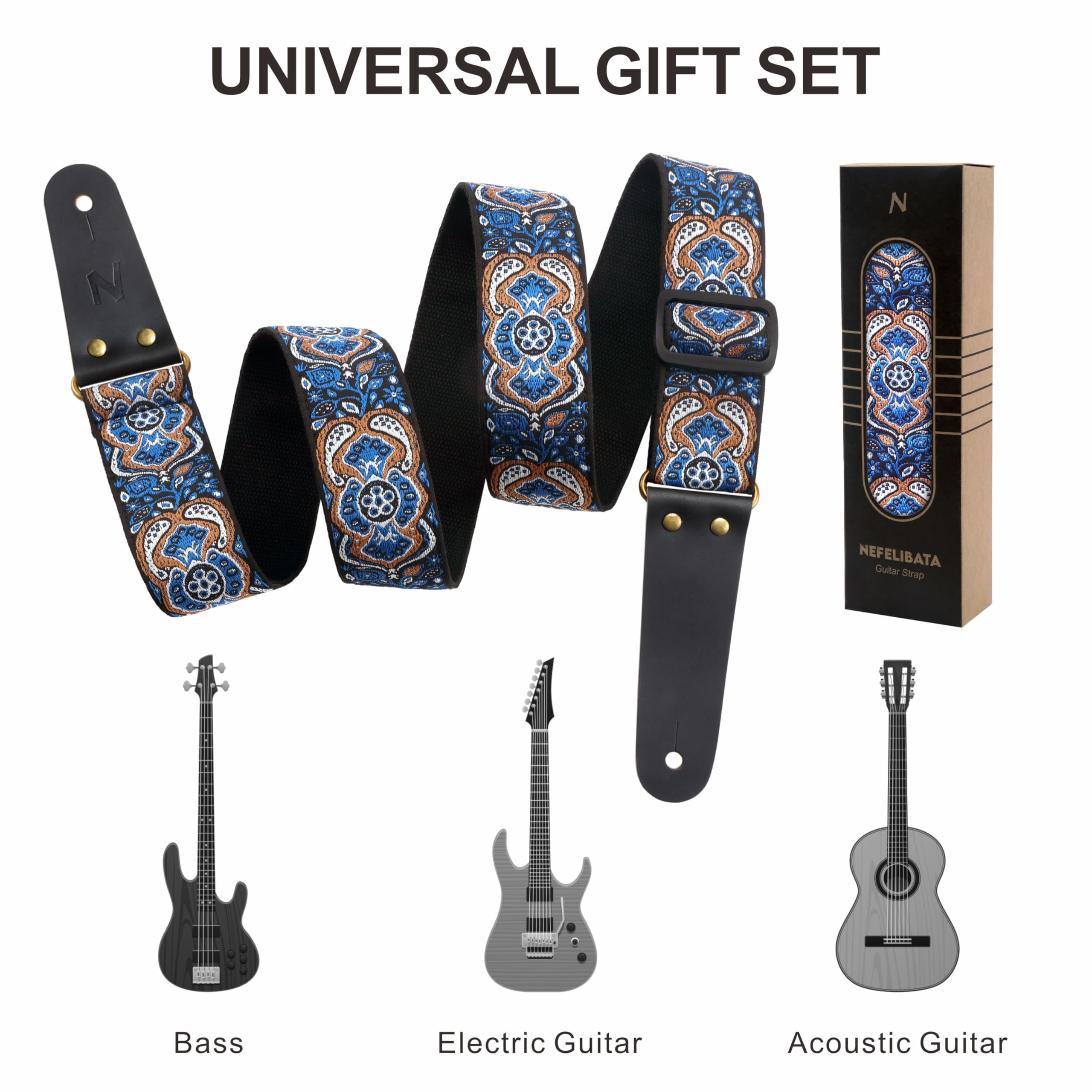 Nefelibata Guitar Strap, Vintage Embroidered Cotton Guitar Straps with Genuine Leather Ends for Bass, Electric & Acoustic Guitar