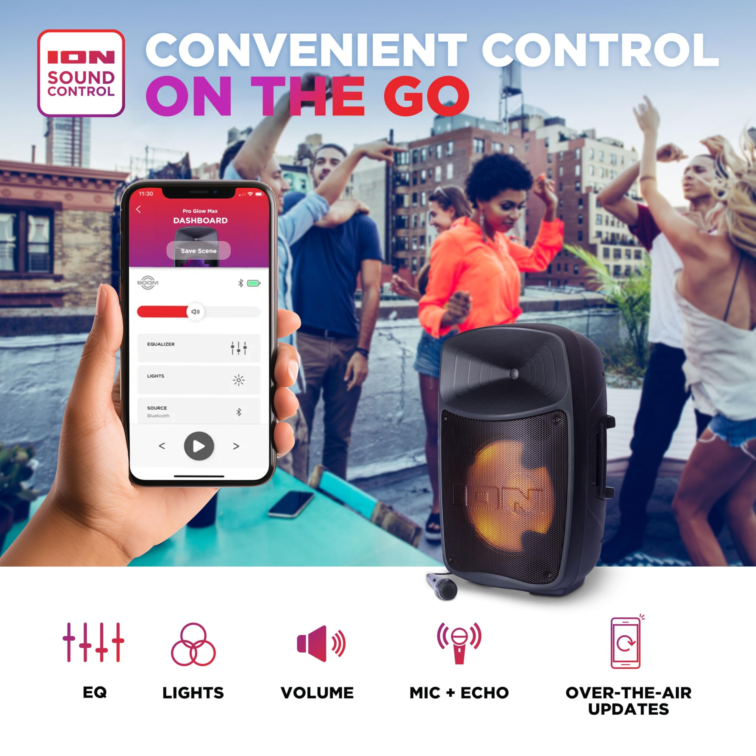 Ion Pro Glow Ultra - High-Power Bluetooth PA Speaker System with Lights, Karaoke Microphone, USB Playback, USB Charge Port, Aux