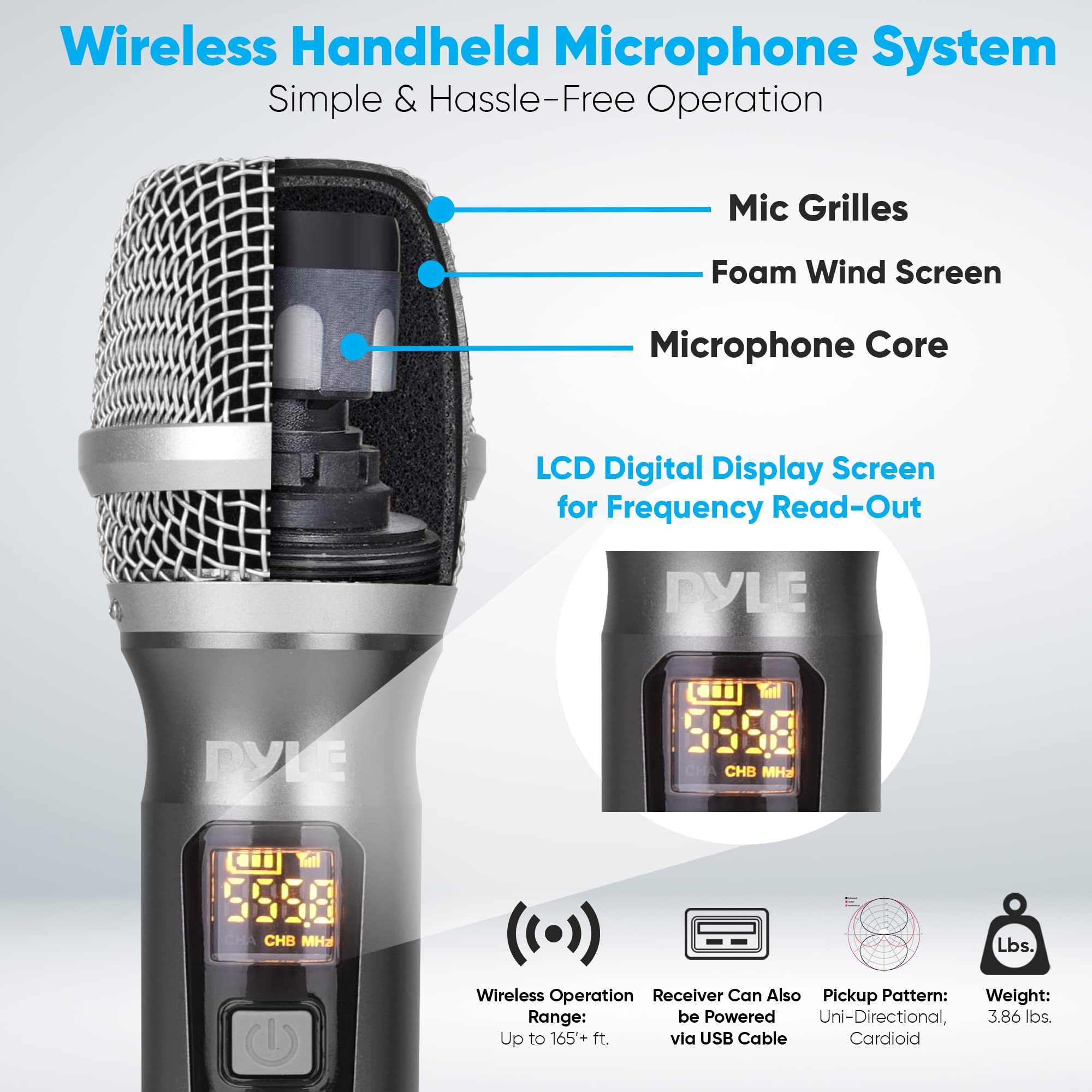 Pyle UHF Wireless Microphone System Kit - Dual Professional Battery Operated Handheld Dynamic Unidirectional Cordless Microphone