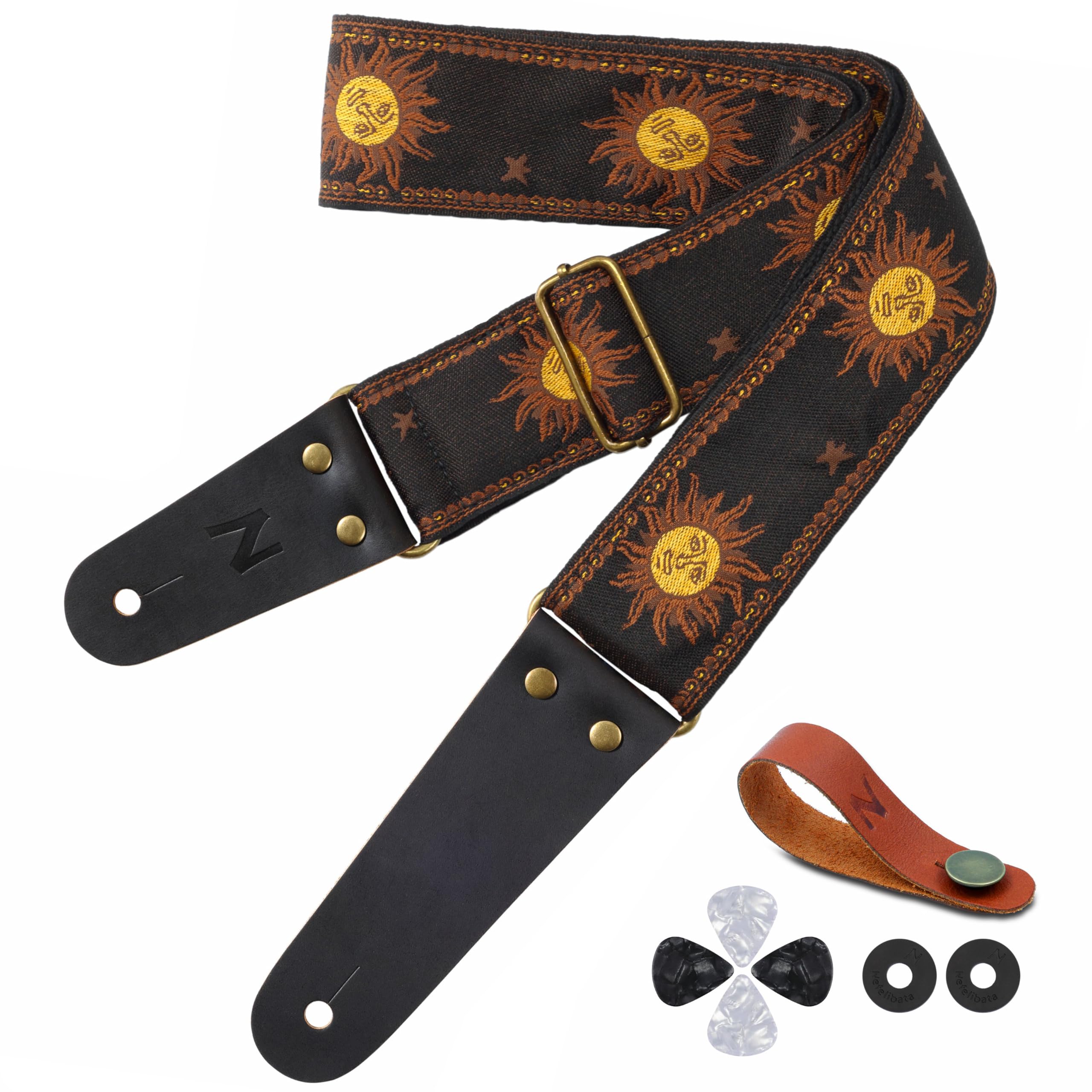 Nefelibata Guitar Strap, Sun Embroidered Cotton Guitar Strap With Head Cowhide Leather Ends For Bass, Electric And Acoustic Guit