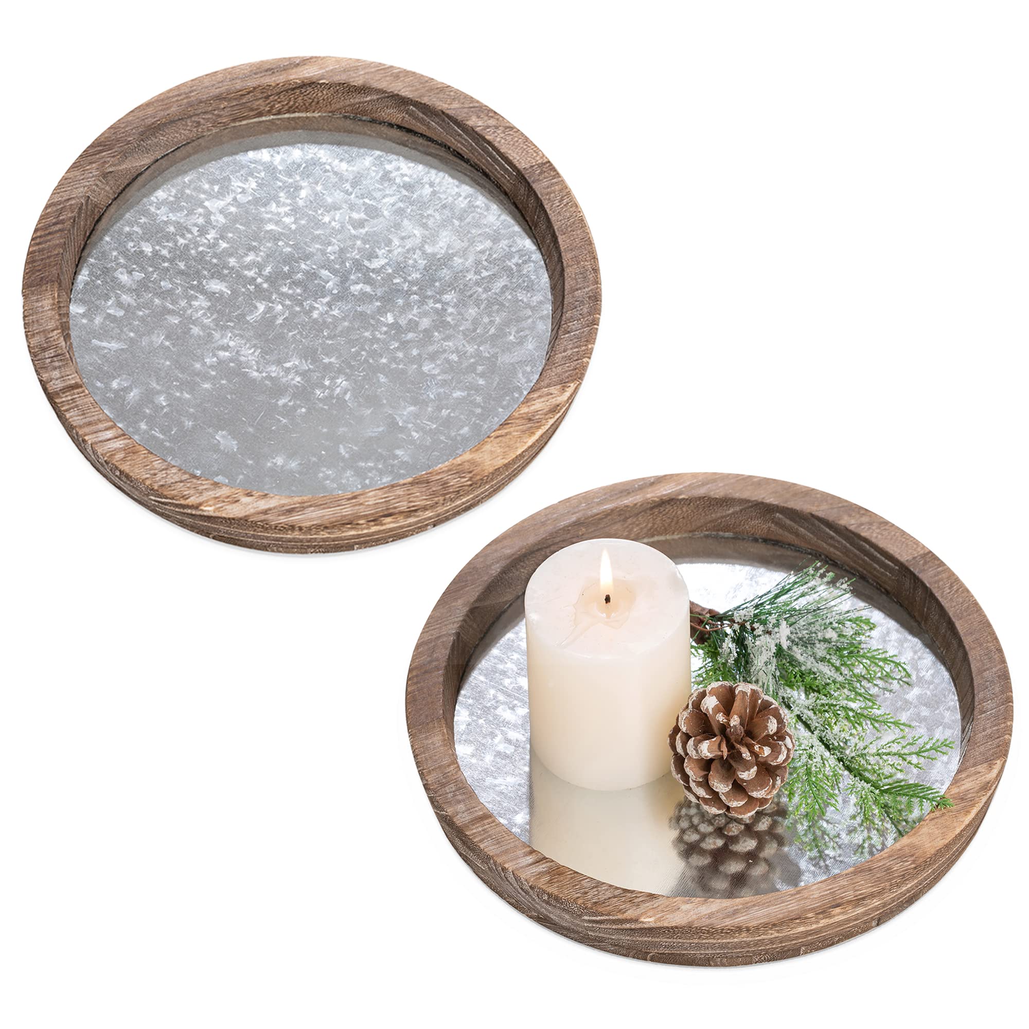 Hanobe Round Wood Decorative Tray: Set Of 2 Rustic Wooden Tray For Coffee Table Farmhouse Centerpiece Mirror Candle Tray Vintage