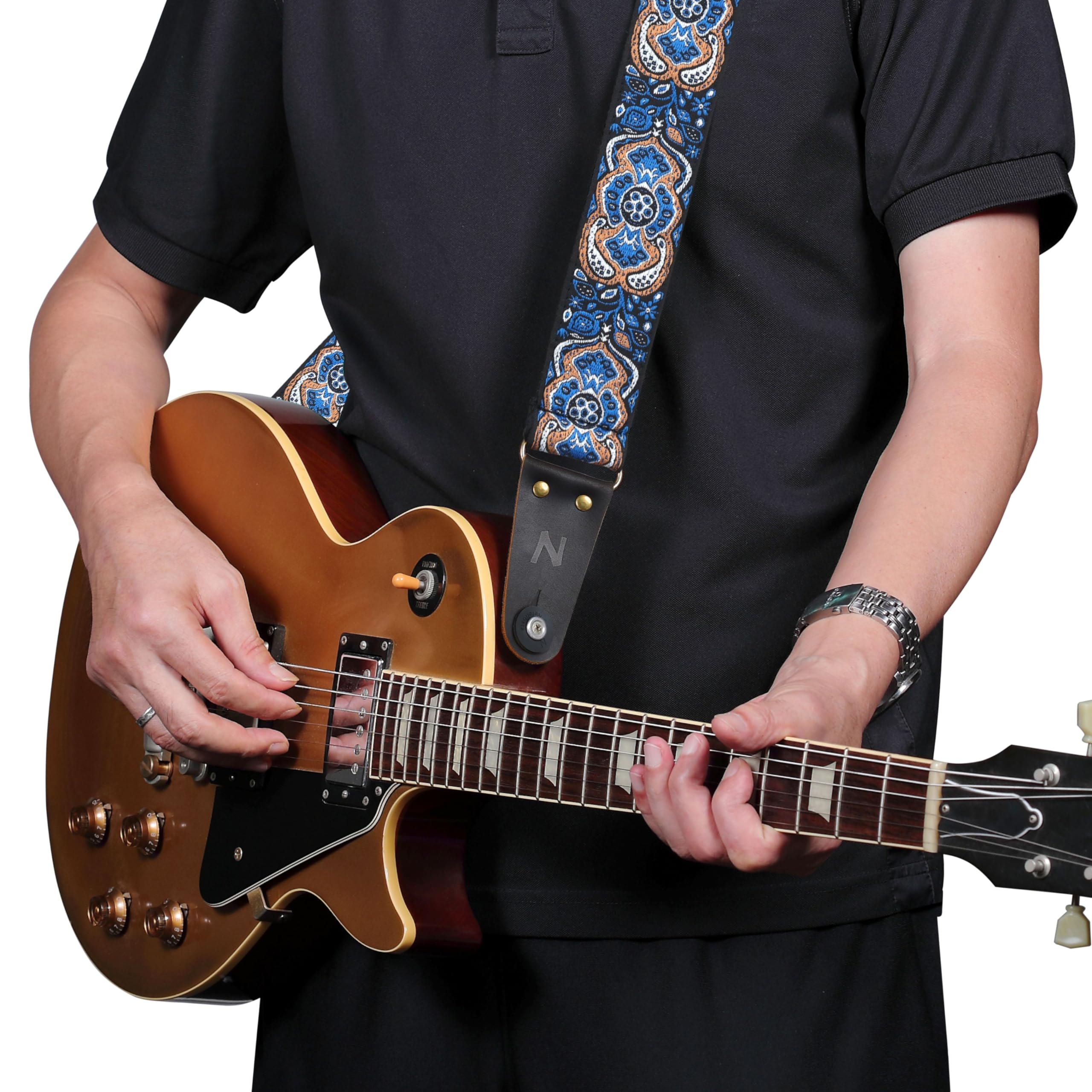 Nefelibata Guitar Strap, Vintage Embroidered Cotton Guitar Straps with Genuine Leather Ends for Bass, Electric & Acoustic Guitar