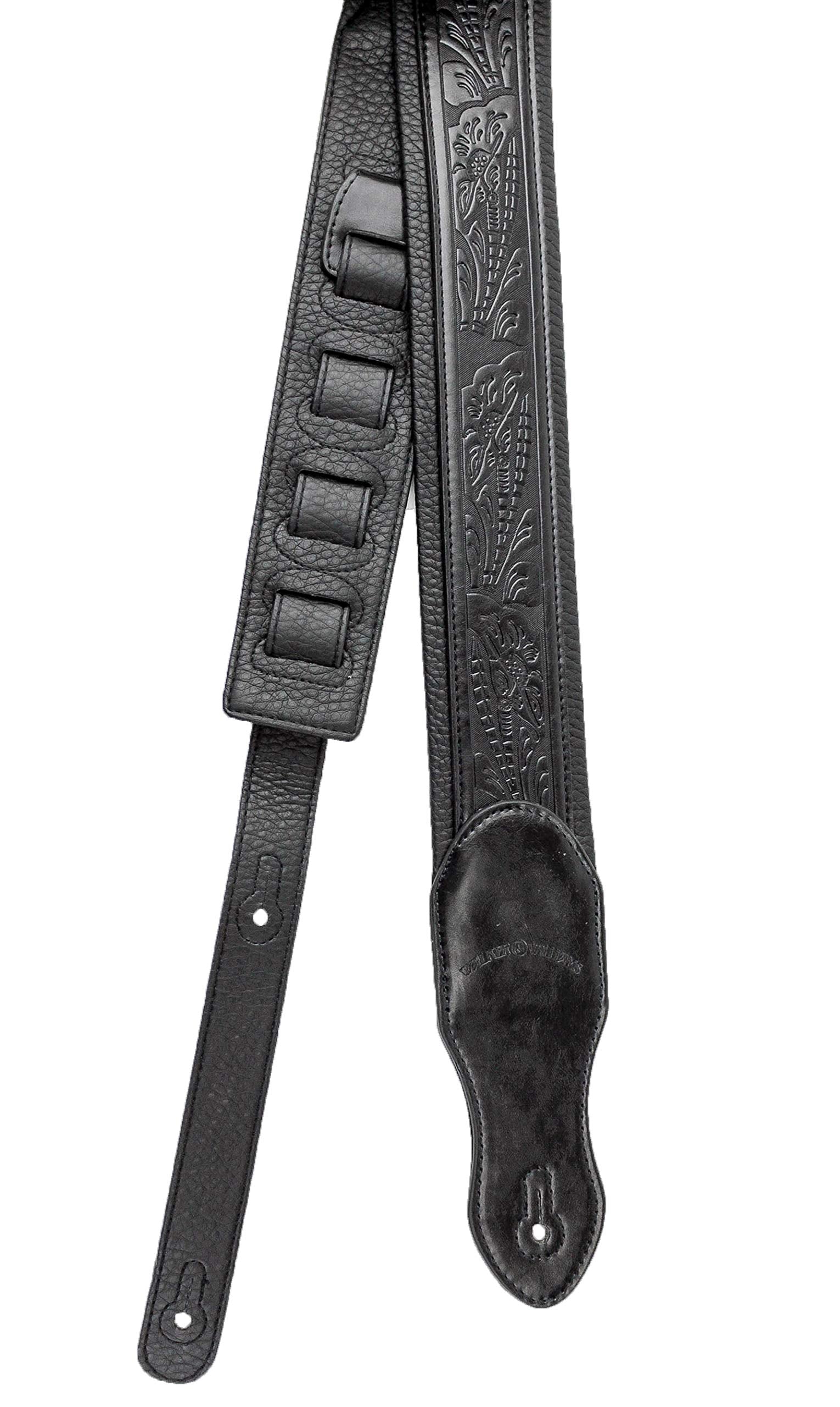 Walker & Williams G-118 Black on Black Padded Guitar Strap with Embossed Tooling & Padded Glove Leather Back For Acoustic, Elect